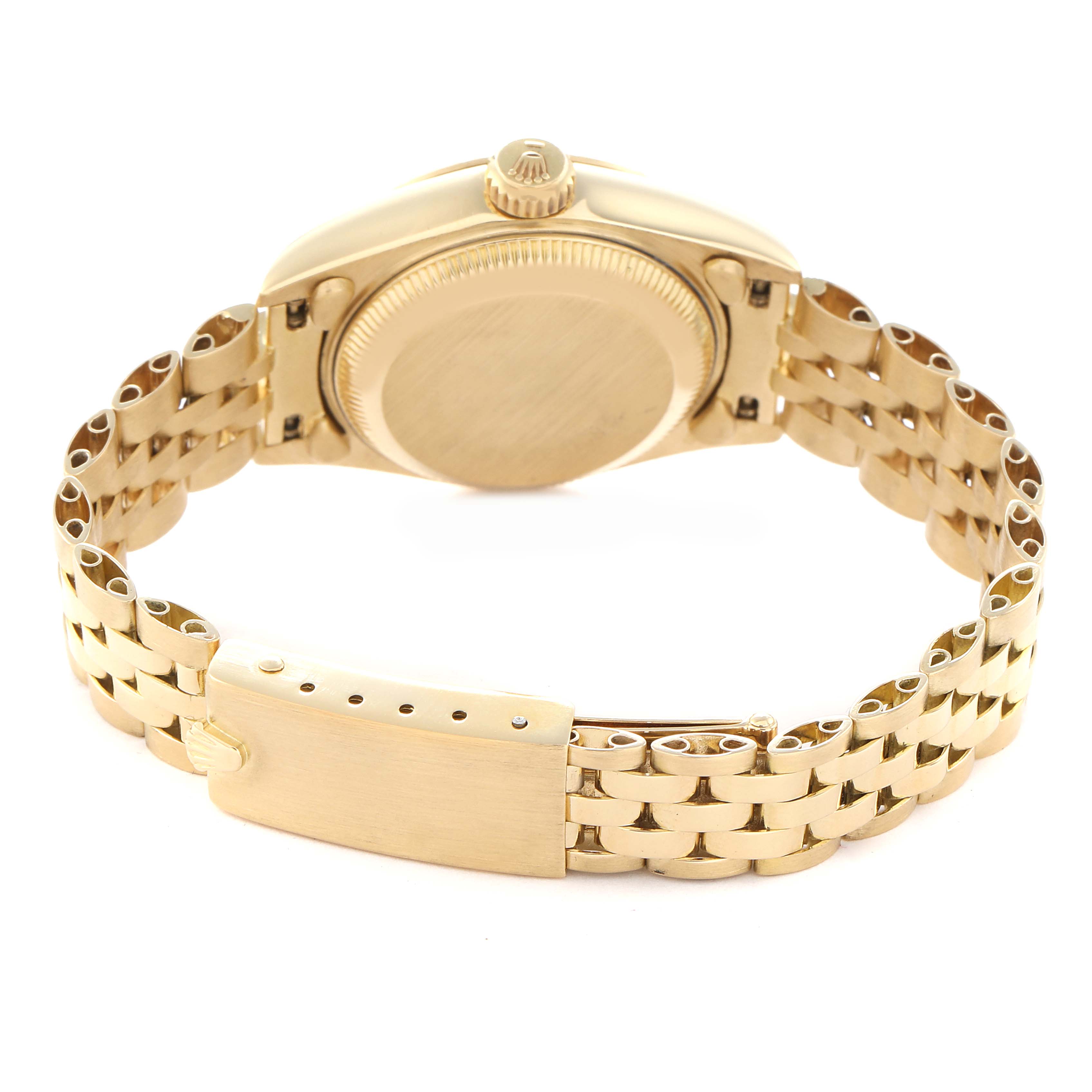 The image shows the back of the Rolex President 69178 Women
s Yellow Gold Champagne Dial 69178 Women
s Yellow Gold Champagne Dial watch, highlighting the case back, crown, and bracelet with a clasp.