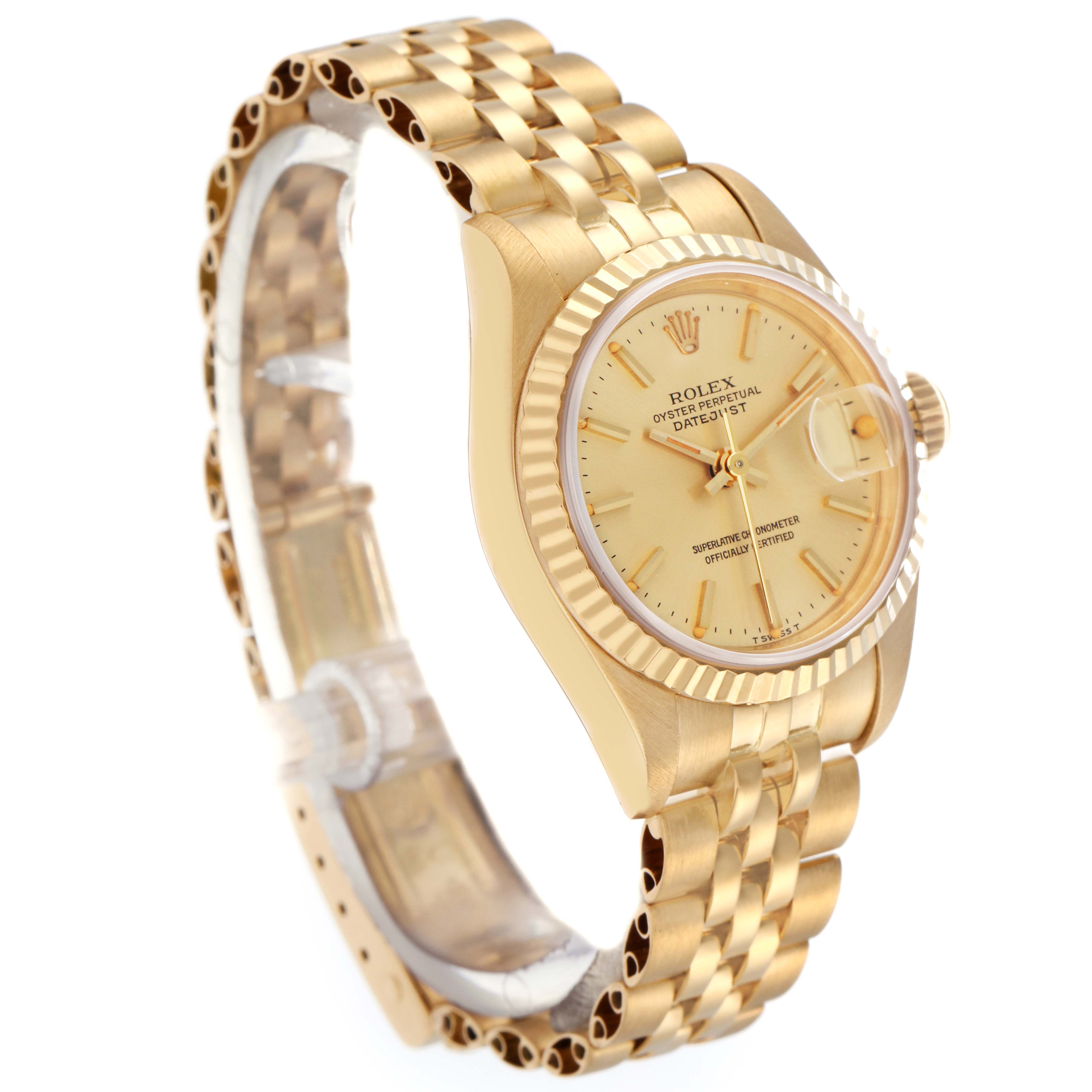 The Rolex President 69178 Women
s Yellow Gold Champagne Dial 69178 Women
s Yellow Gold Champagne Dial model watch is shown from a front-side angle, displaying its gold case, bracelet, and fluted bezel.
