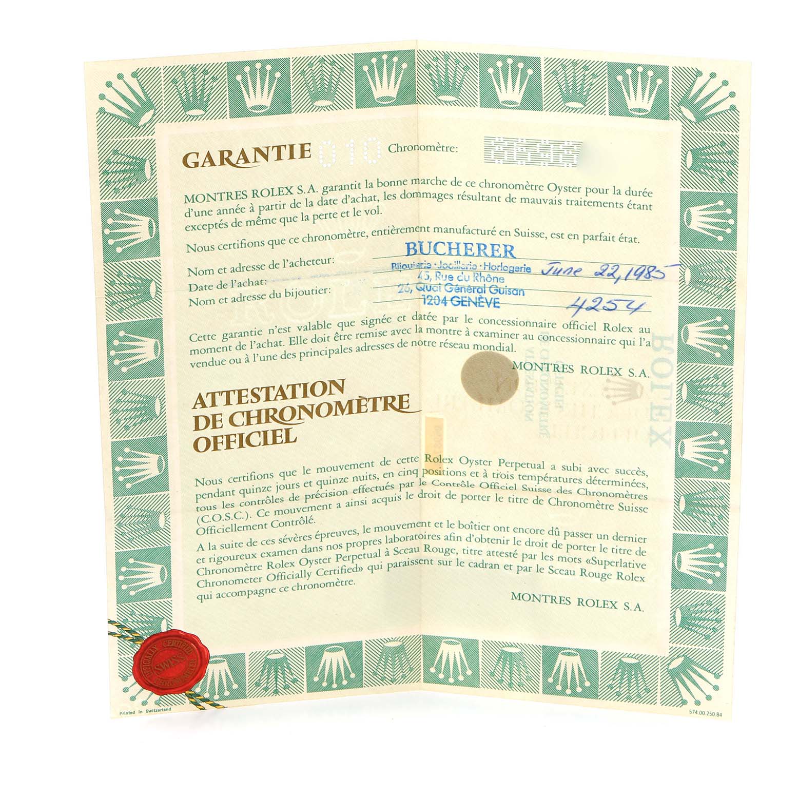 The image shows a Rolex President 69178 Women
s Yellow Gold Champagne Dial 69178 Women
s Yellow Gold Champagne Dial model guarantee certificate, not the watch itself.