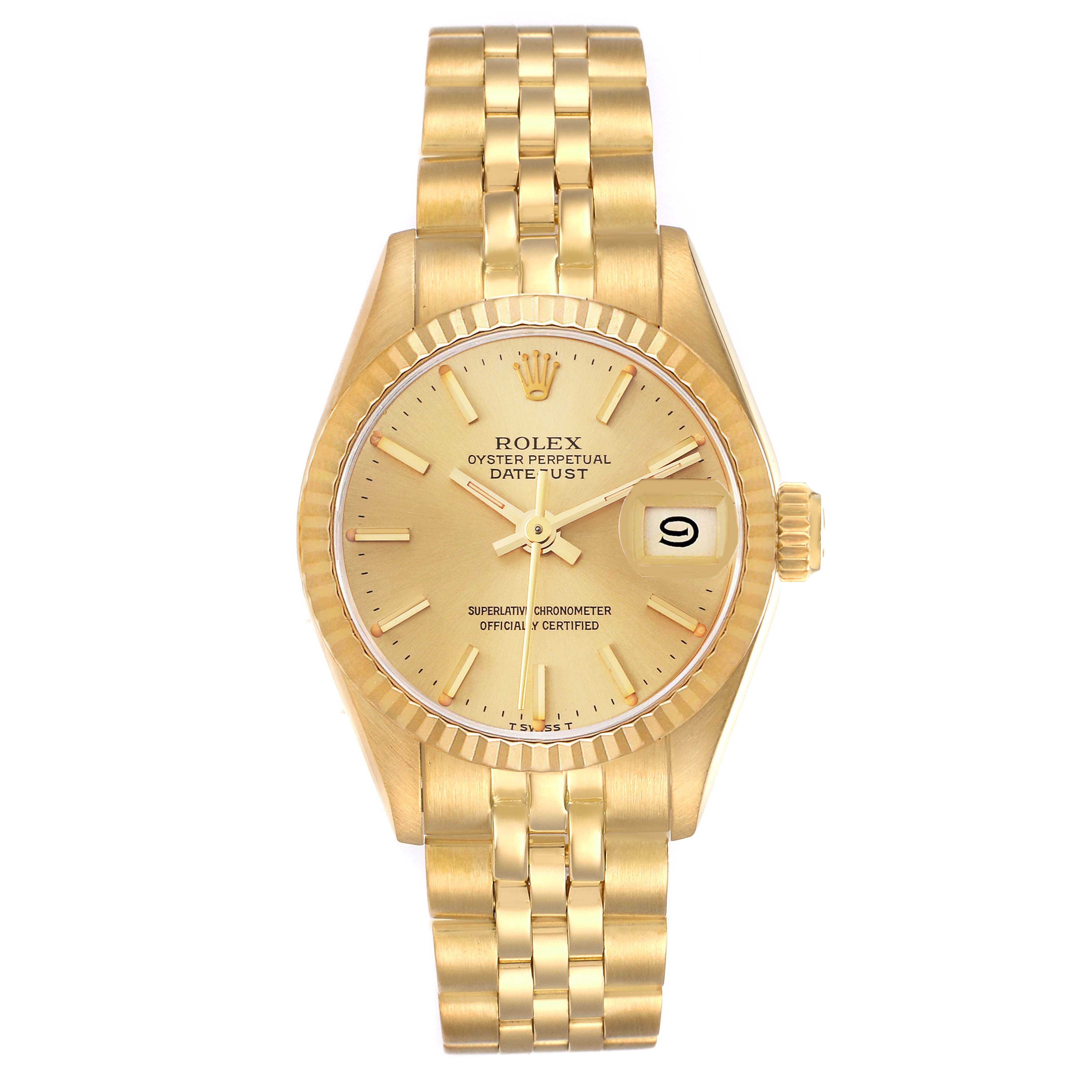 The Rolex President 69178 Women
s Yellow Gold Champagne Dial 69178 Women
s Yellow Gold Champagne Dial model is shown from a front angle, displaying the dial, bezel, bracelet, and date window.