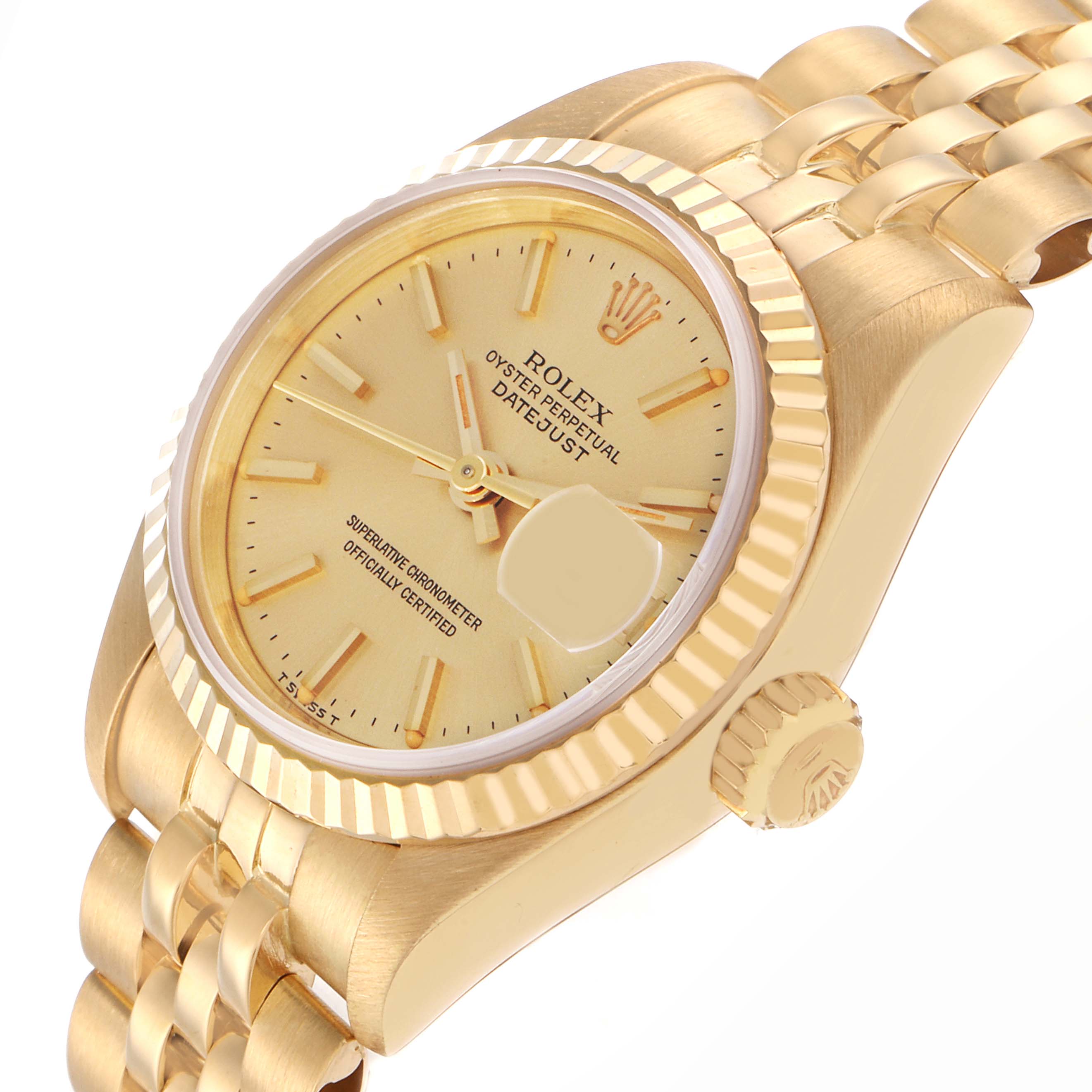 The image shows a Rolex President 69178 Women
s Yellow Gold Champagne Dial 69178 Women
s Yellow Gold Champagne Dial watch at a three-quarter angle, highlighting the gold bezel, dial, and bracelet.