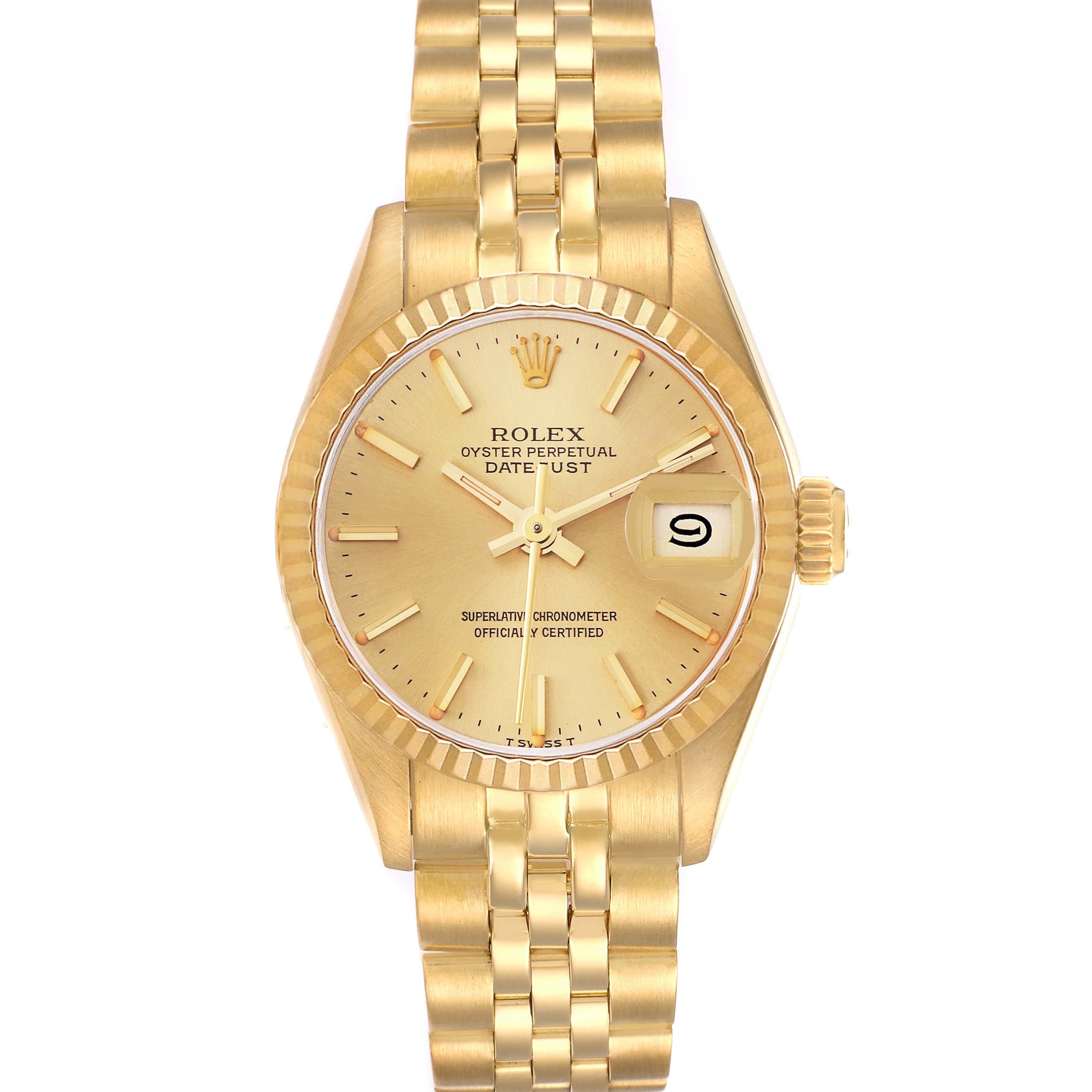 The Rolex President 69178 Women
s Yellow Gold Champagne Dial 69178 Women
s Yellow Gold Champagne Dial model is shown from a top view, highlighting its gold bracelet, dial, and date window.