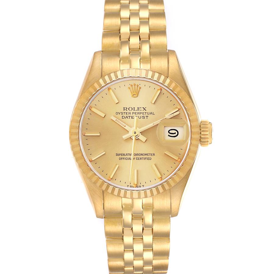 The Rolex President model is shown from a top view, highlighting its gold bracelet, dial, and date window.