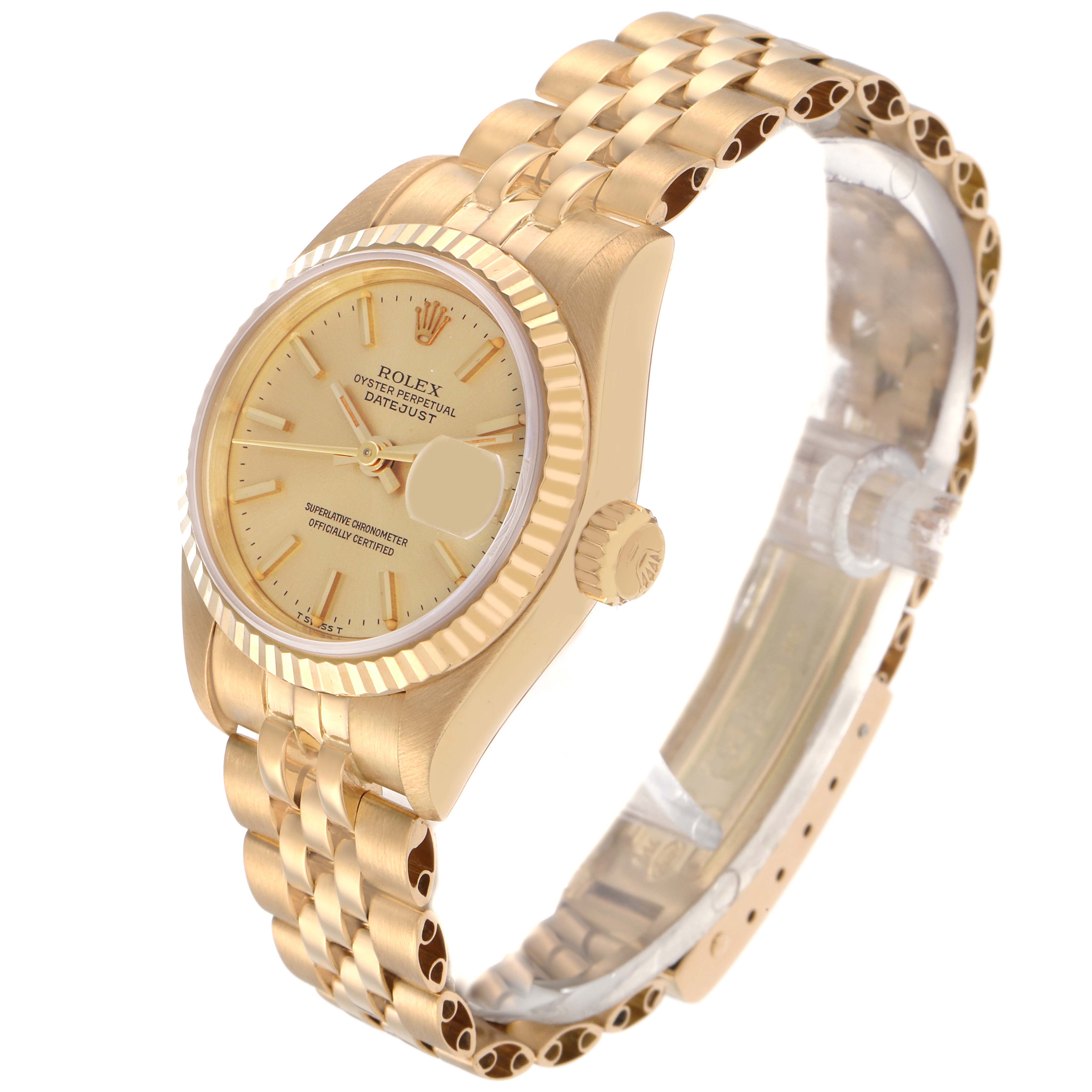 The Rolex President 69178 Women
s Yellow Gold Champagne Dial 69178 Women
s Yellow Gold Champagne Dial model watch is shown from a three-quarter angle, highlighting the face, bezel, crown, and part of the bracelet.