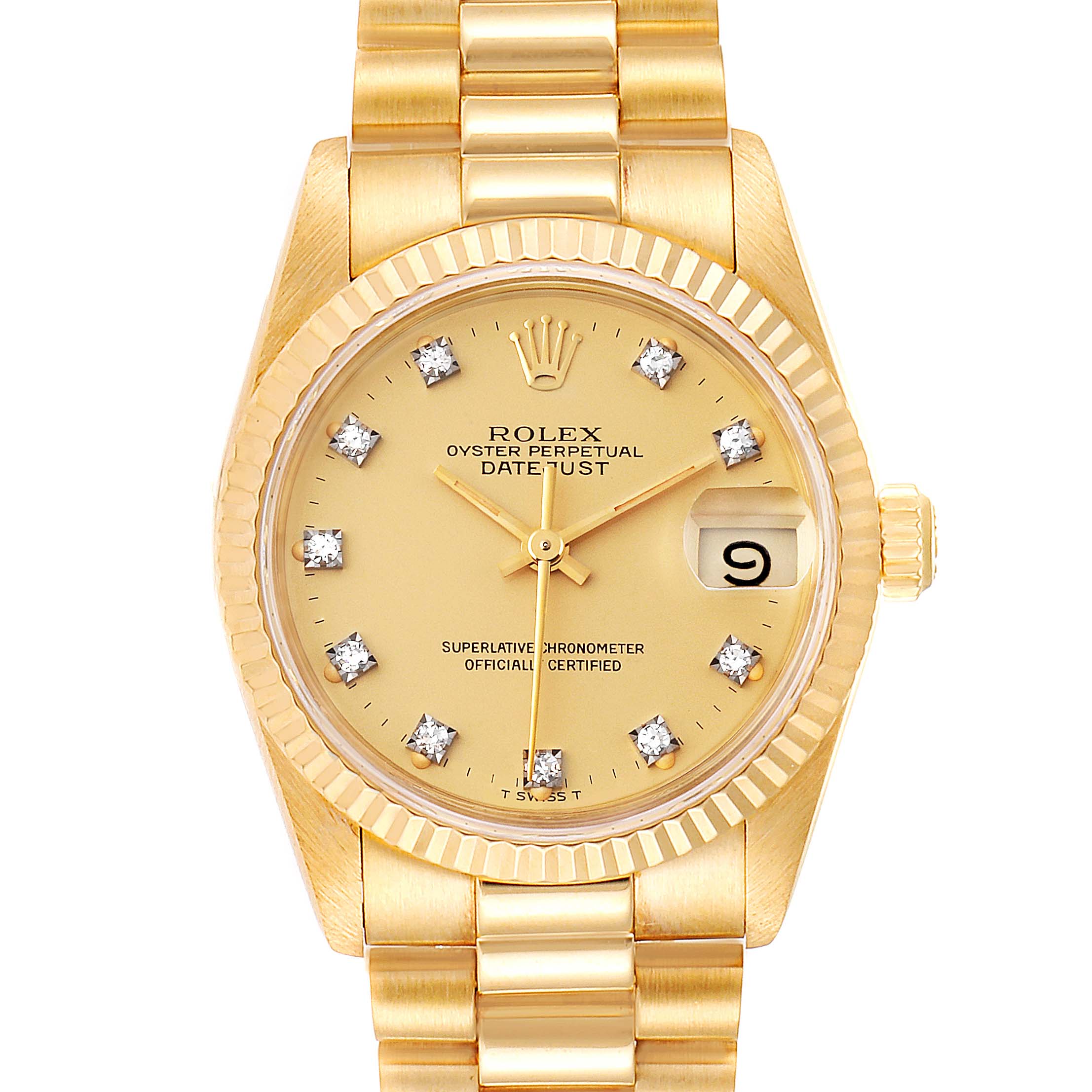 This image shows a frontal view of a Rolex President 68278 Women
s Yellow Gold Champagne Dial 68278 Women
s Yellow Gold Champagne Dial model watch, highlighting the face, dial, bezel, and bracelet.