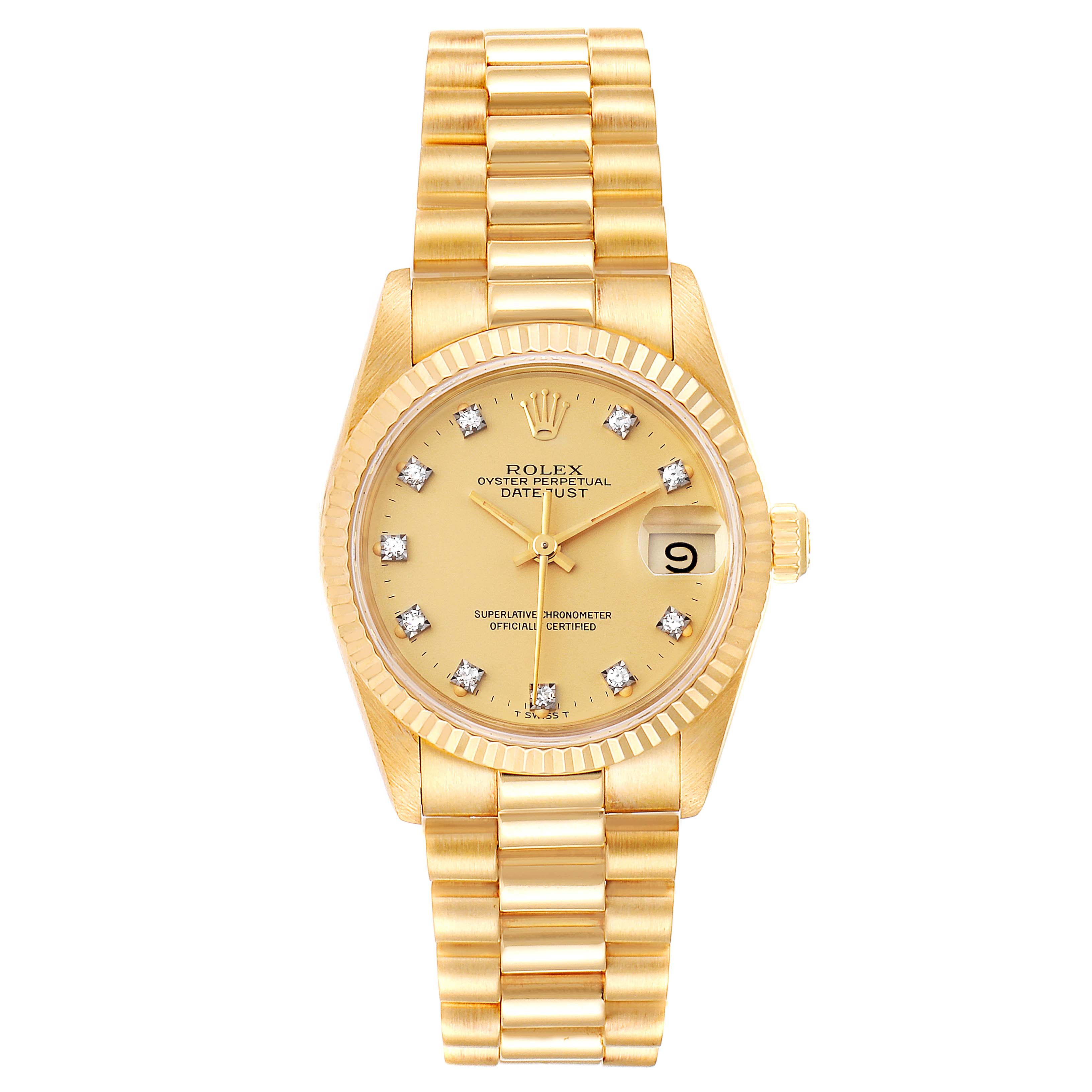 This Rolex President 68278 Women
s Yellow Gold Champagne Dial 68278 Women
s Yellow Gold Champagne Dial model watch is shown from a top-down angle, displaying its face, bracelet, and date window.
