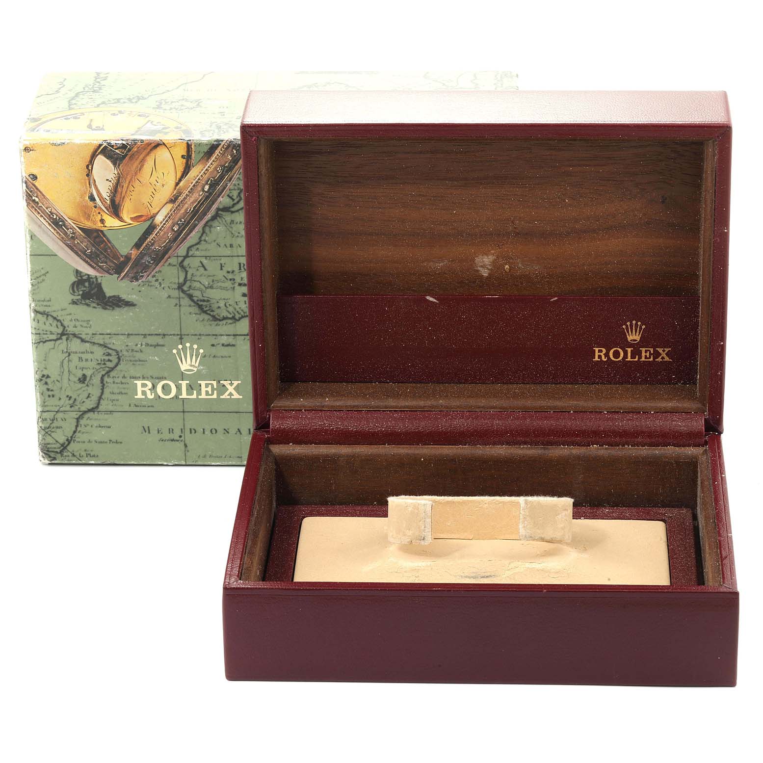 The image shows an open Rolex President 68278 Women
s Yellow Gold Champagne Dial 68278 Women
s Yellow Gold Champagne Dial model watch box with its packaging in the background.