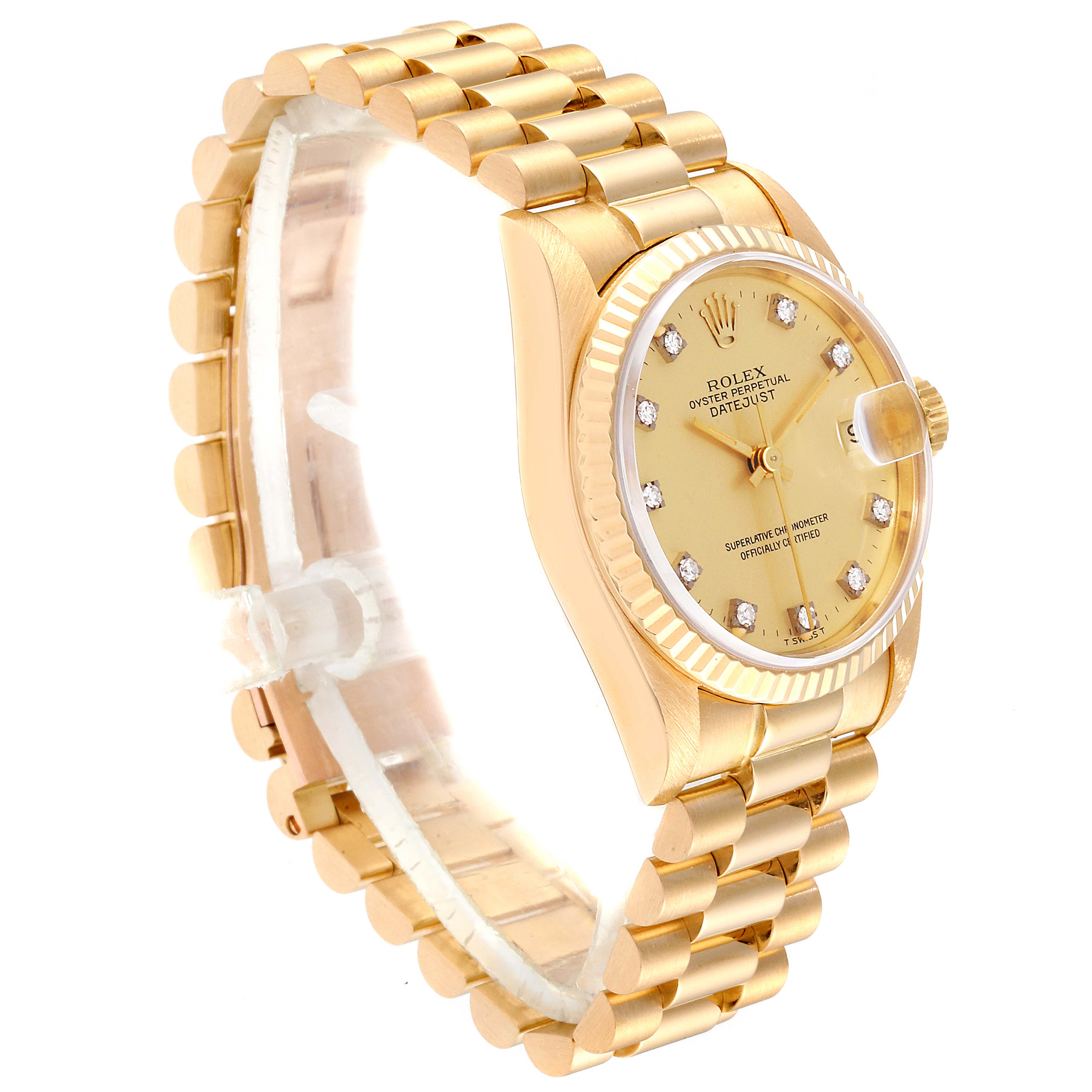 The image shows a side-angle view of the Rolex President 68278 Women
s Yellow Gold Champagne Dial 68278 Women
s Yellow Gold Champagne Dial model watch, displaying its bracelet, bezel, crown, and dial.