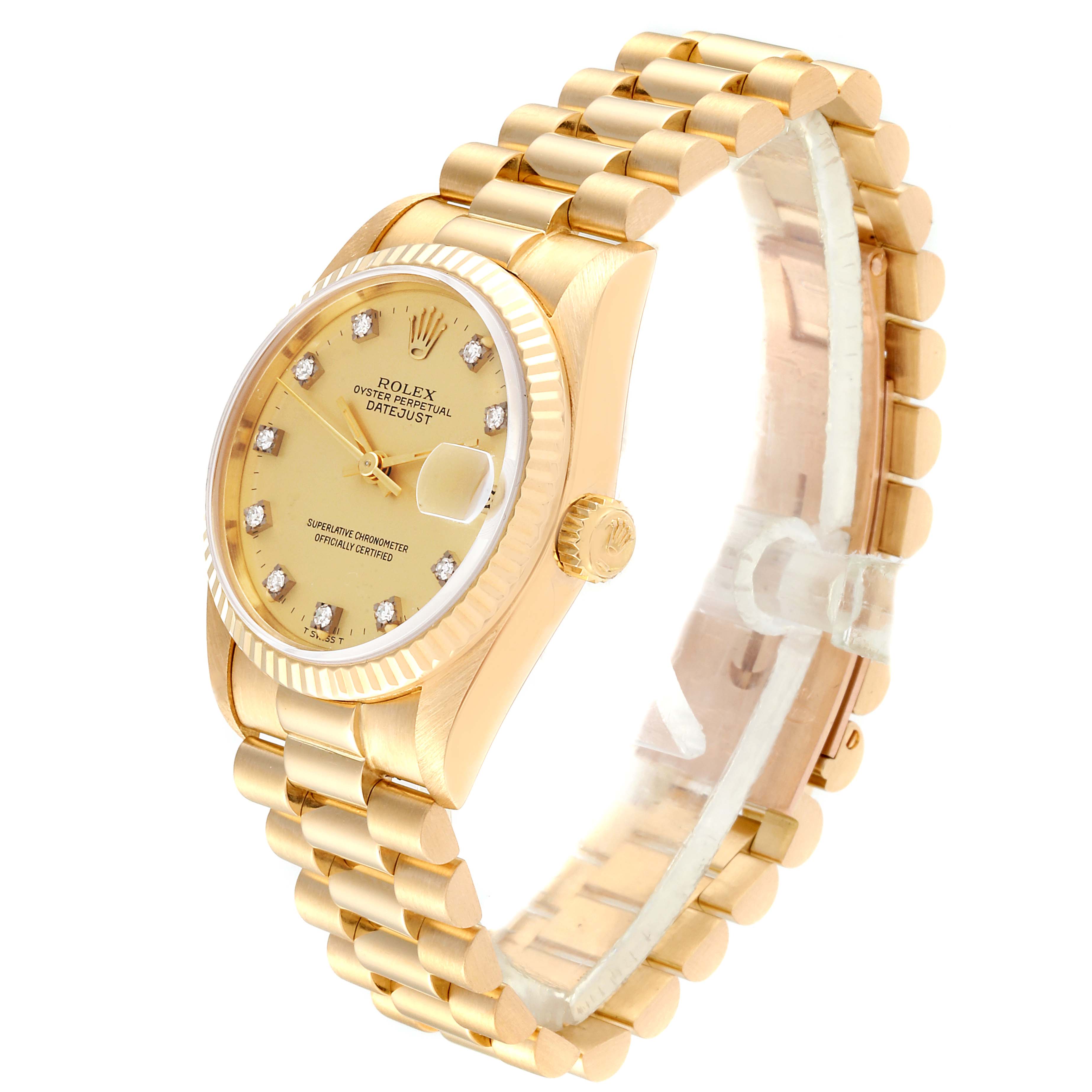The image shows a Rolex President 68278 Women
s Yellow Gold Champagne Dial 68278 Women
s Yellow Gold Champagne Dial model, angled from the front-left, displaying the dial, bezel, and bracelet.