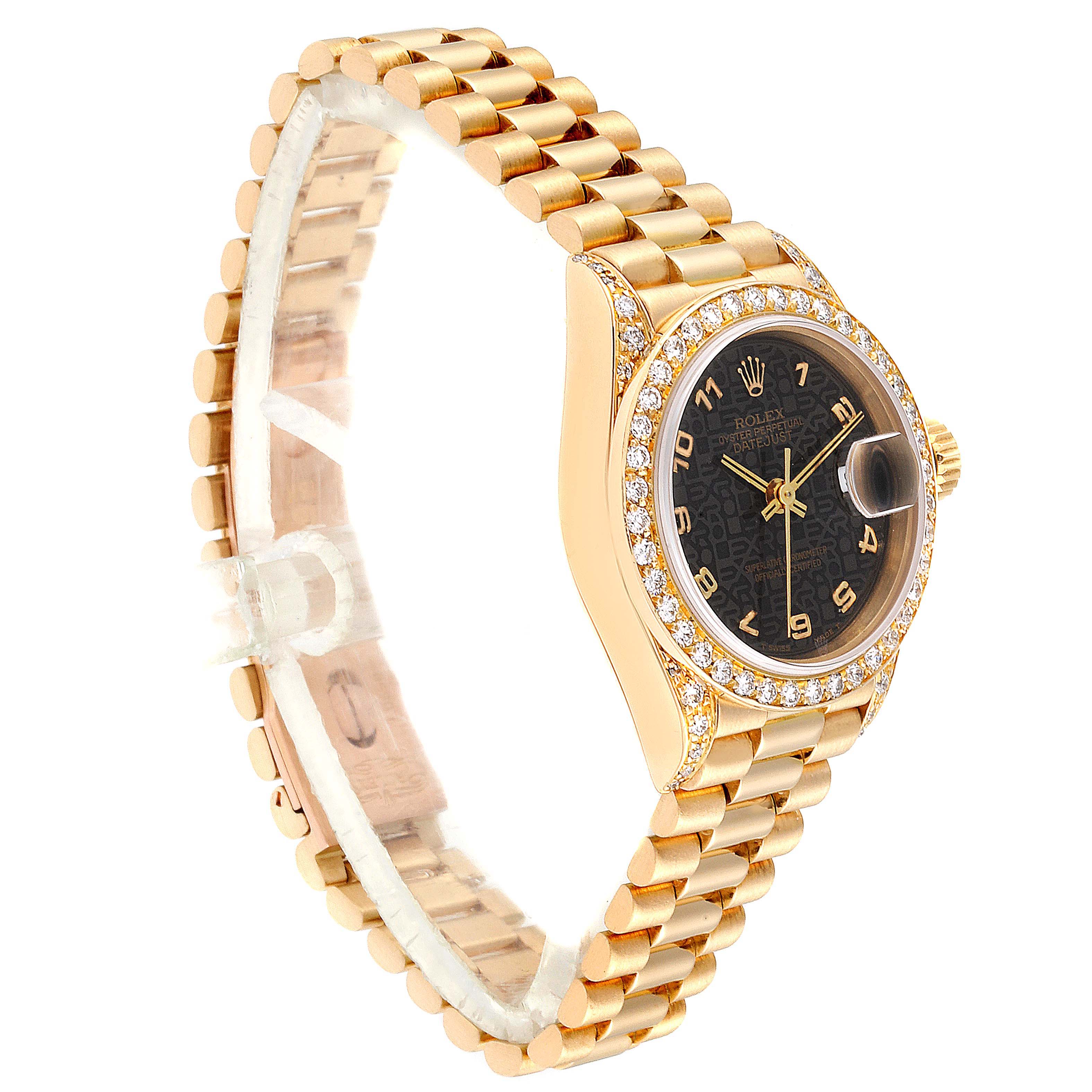 The image shows a Rolex President 69038 Women's Yellow Gold Black Dial 69038 Women's Yellow Gold Black Dial model watch at a three-quarter angle, displaying its black dial, gemstone bezel, and gold bracelet.