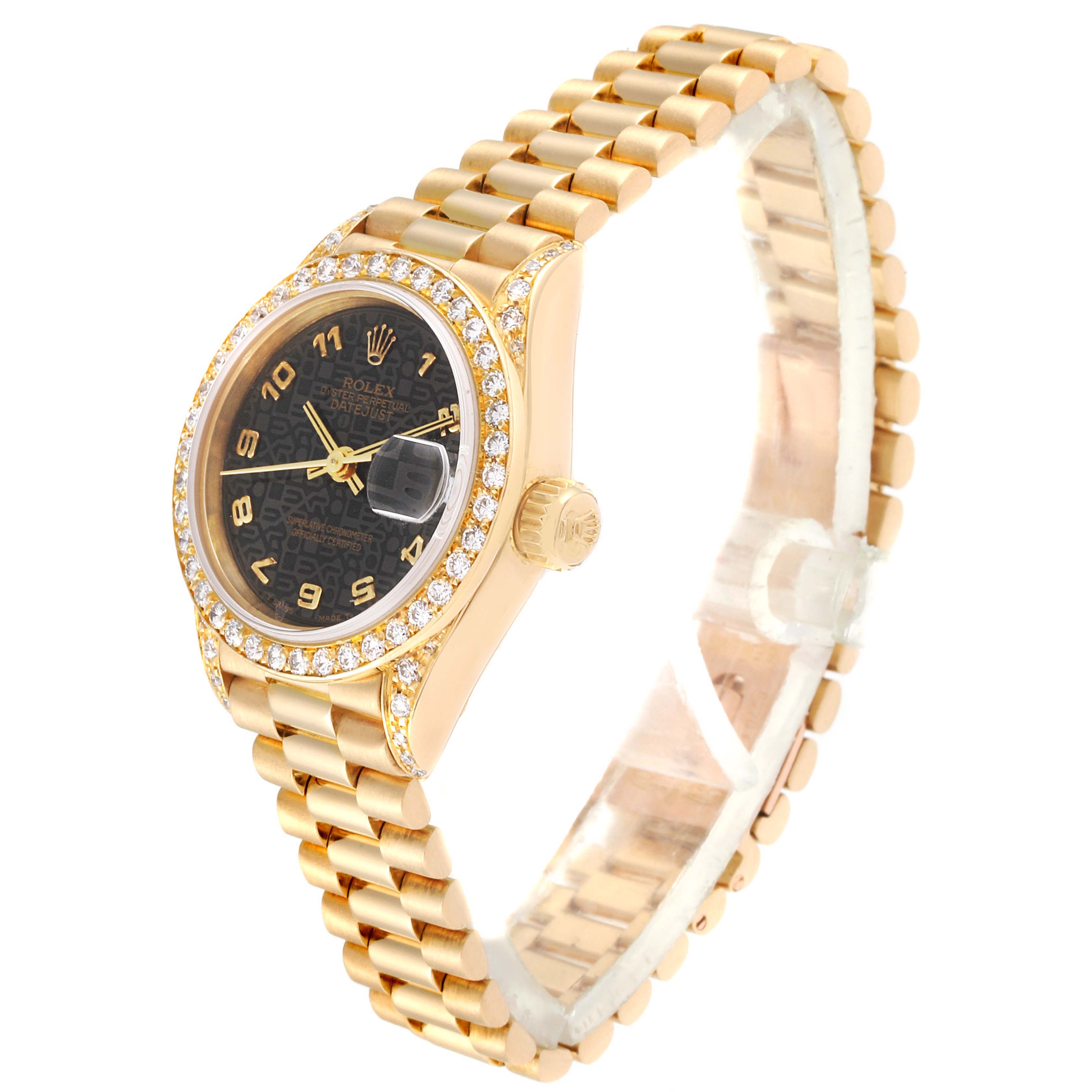 The image shows a Rolex President 69038 Women's Yellow Gold Black Dial 69038 Women's Yellow Gold Black Dial watch model at a side angle, capturing the face, bezel, crown, and bracelet.