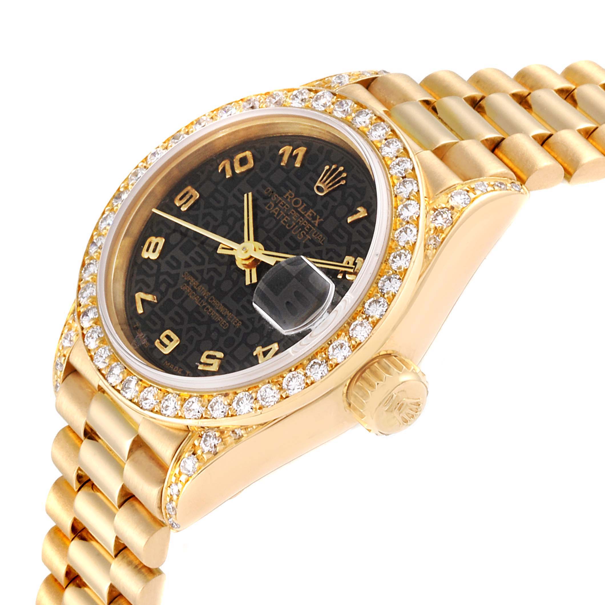 The image shows a Rolex President 69038 Women's Yellow Gold Black Dial 69038 Women's Yellow Gold Black Dial model, displaying its gold bezel, black dial, and diamond accents from a side angle.