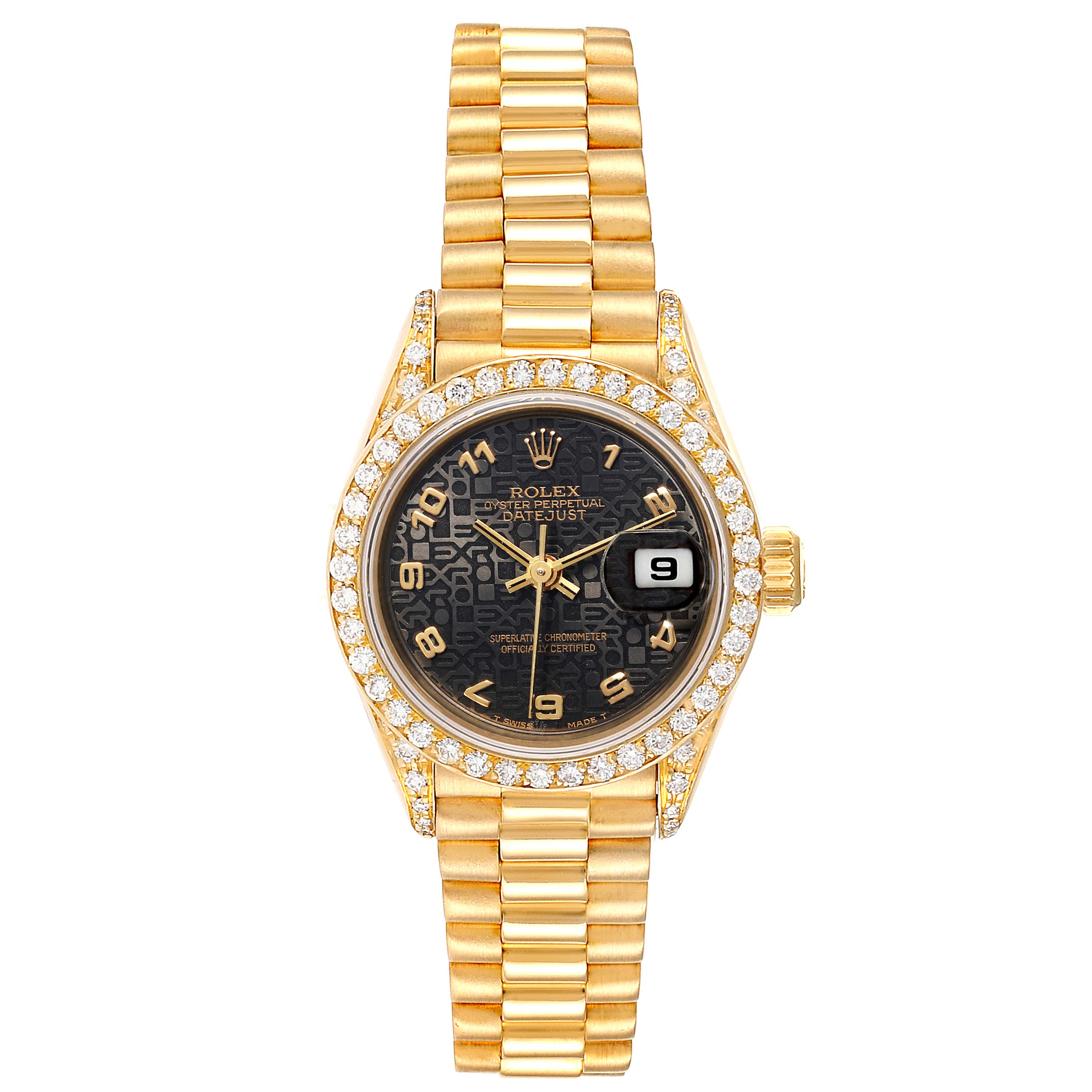 This image shows a frontal view of a Rolex President 69038 Women's Yellow Gold Black Dial 69038 Women's Yellow Gold Black Dial model watch with a gold bracelet and a diamond bezel.