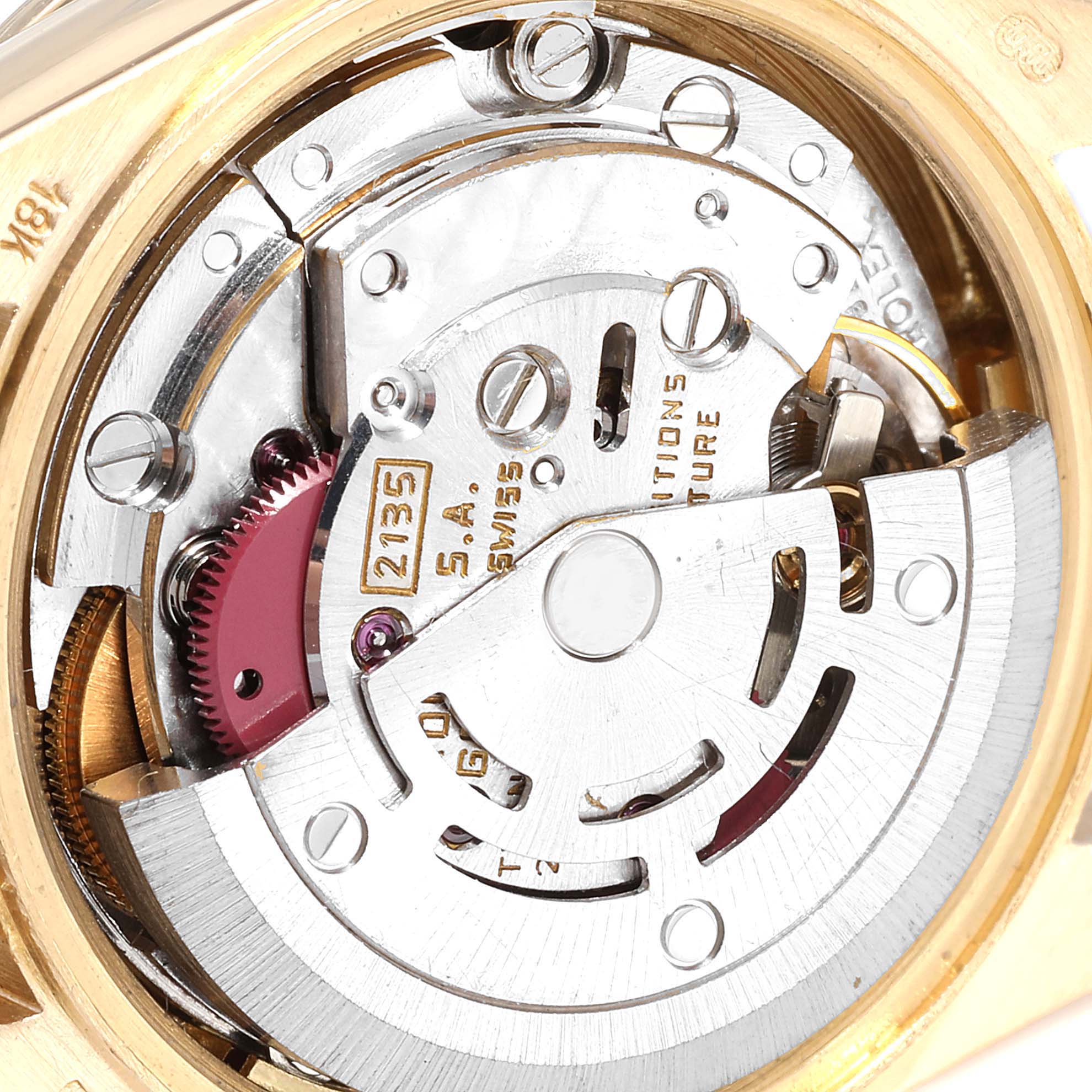 The image showcases the internal movement mechanism of the Rolex President 69038 Women's Yellow Gold Black Dial 69038 Women's Yellow Gold Black Dial model watch viewed from the back.