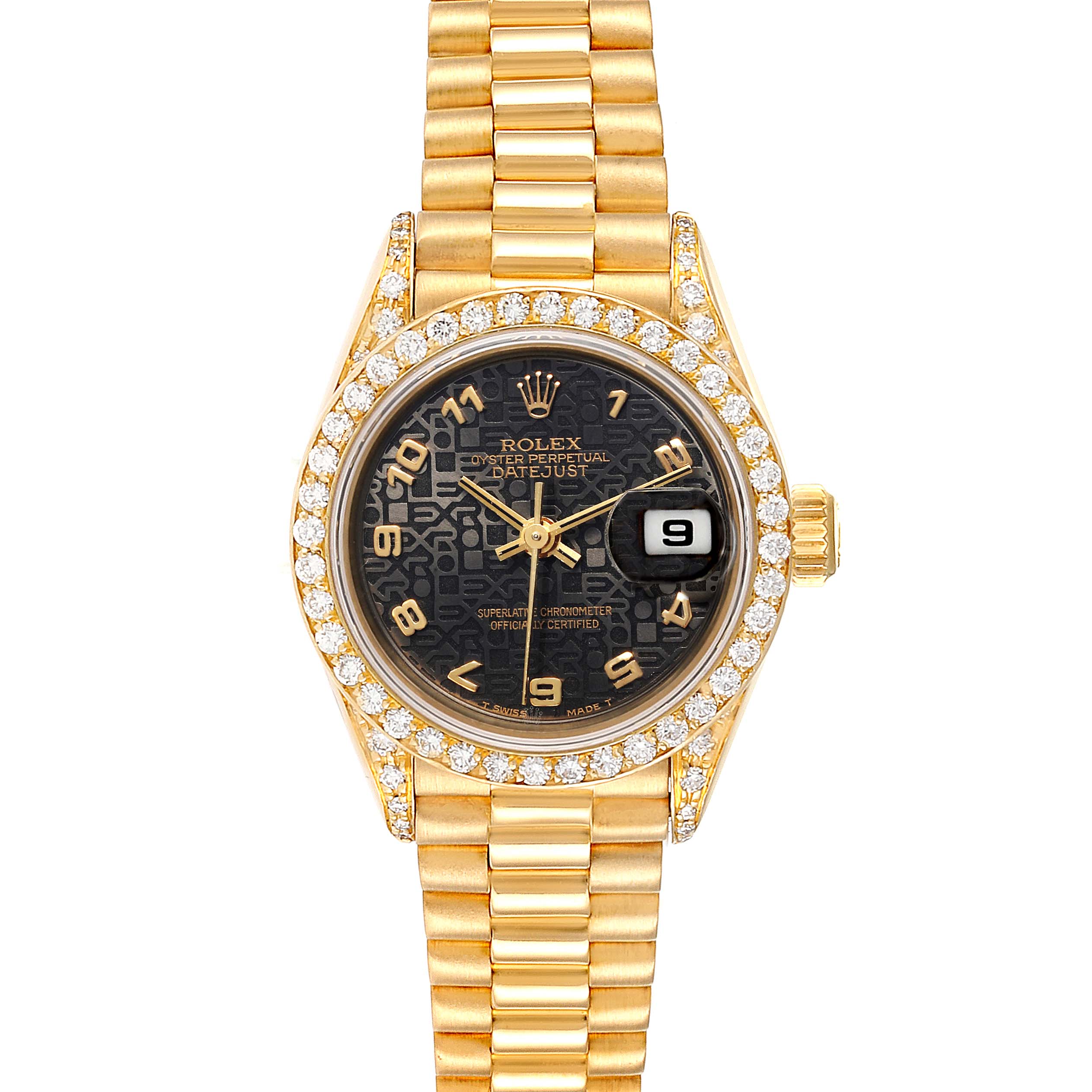The Rolex President 69038 Women's Yellow Gold Black Dial 69038 Women's Yellow Gold Black Dial model watch is shown from a top-down angle, highlighting its face, bezel, and bracelet.