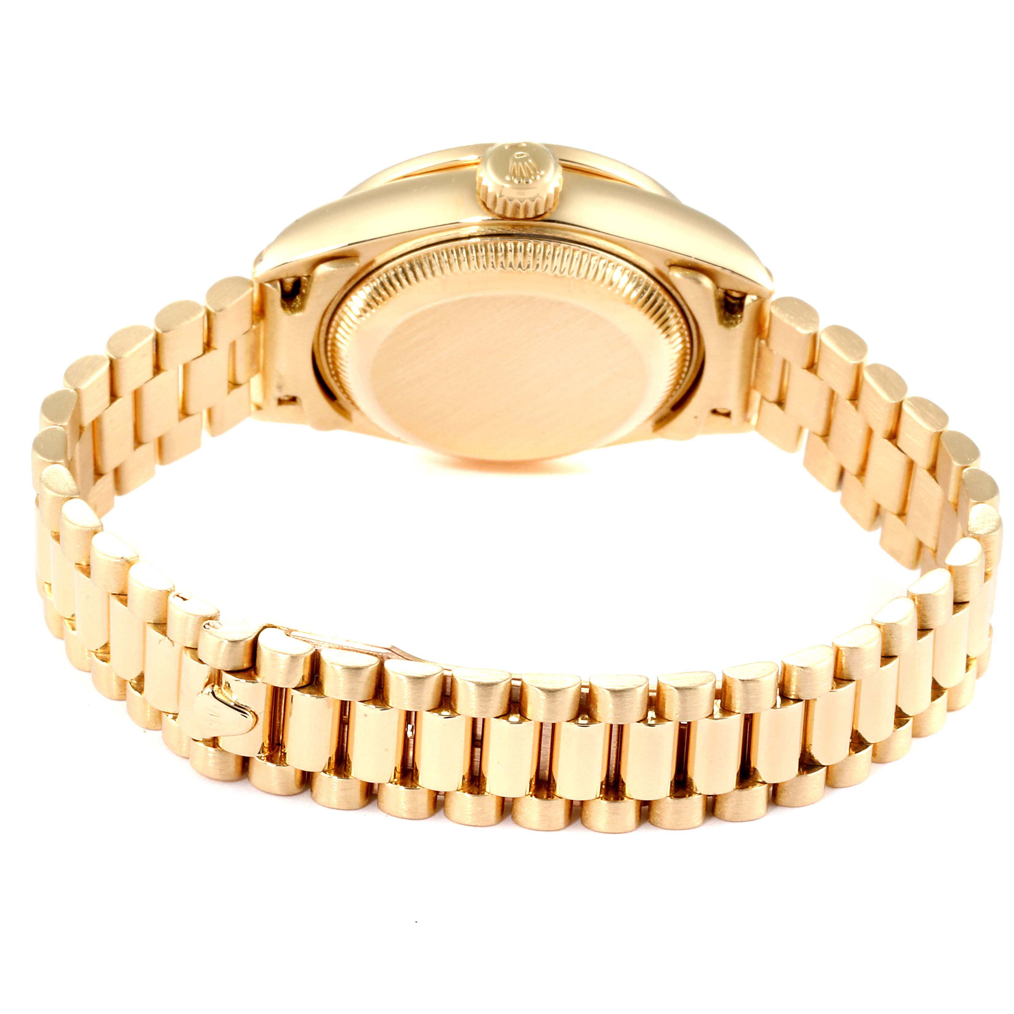 This image shows the back case and bracelet of a Rolex President 69038 Women's Yellow Gold Black Dial 69038 Women's Yellow Gold Black Dial watch, viewed from the reverse side.