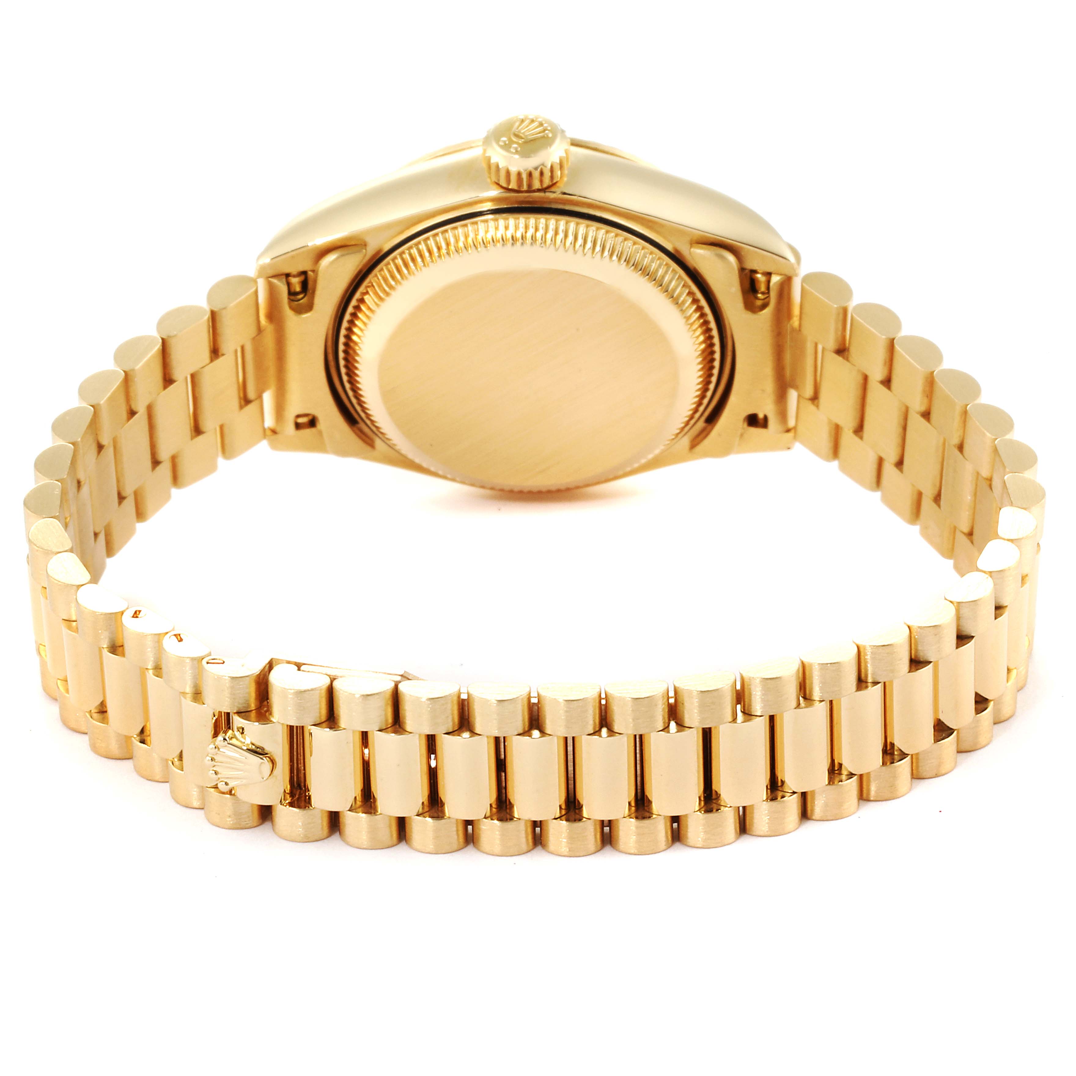 The image shows the back view of a Rolex President 79178 Women
s Yellow Gold Champagne Dial 79178 Women
s Yellow Gold Champagne Dial model watch, highlighting its gold case and bracelet.