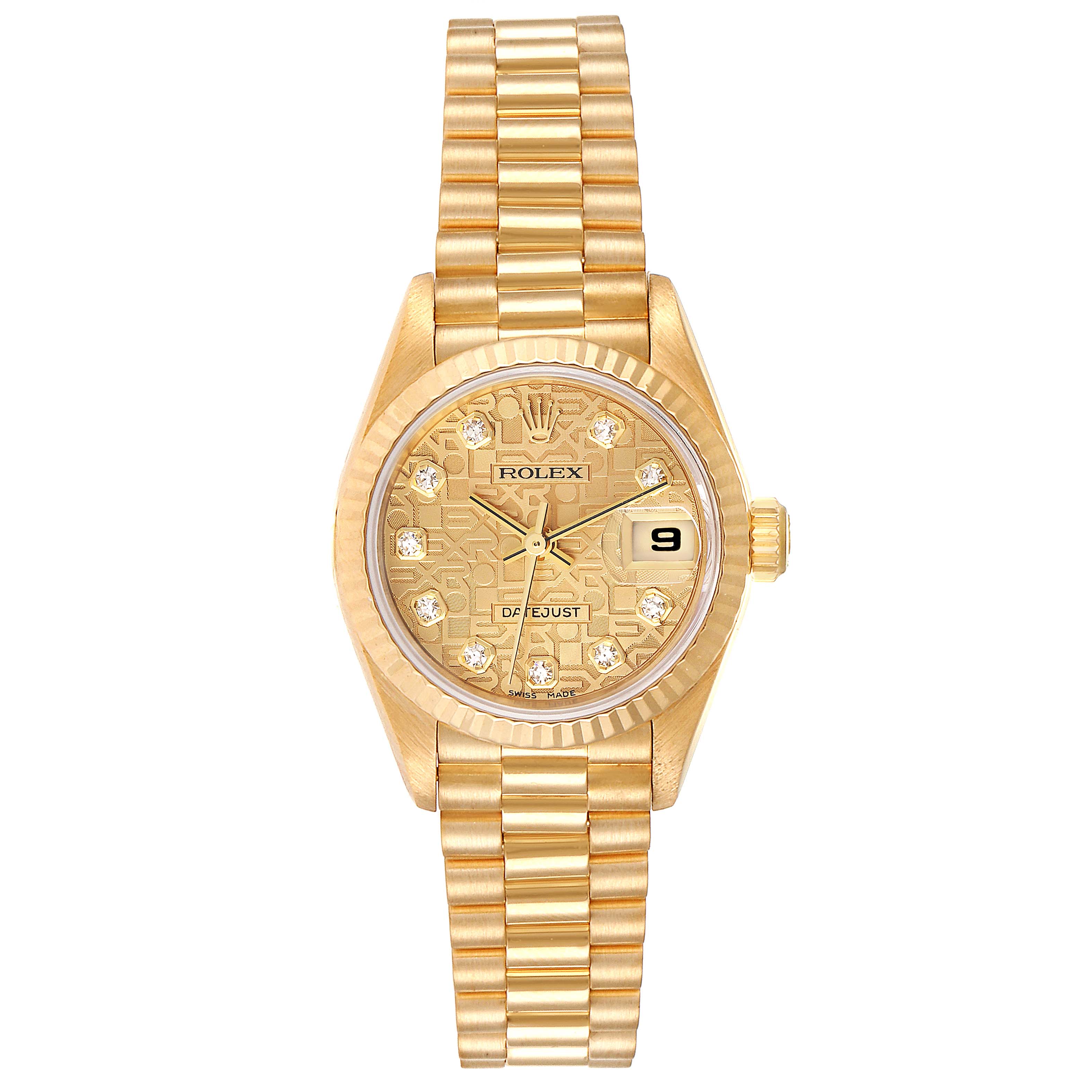 This image shows a Rolex President 79178 Women
s Yellow Gold Champagne Dial 79178 Women
s Yellow Gold Champagne Dial model watch in a frontal view, displaying its golden bracelet and detailed watch face.