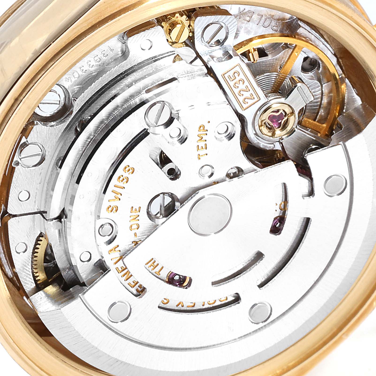 The image shows an angled close-up view of the internal mechanics of a Rolex President 79178 Women
s Yellow Gold Champagne Dial 79178 Women
s Yellow Gold Champagne Dial model watch.