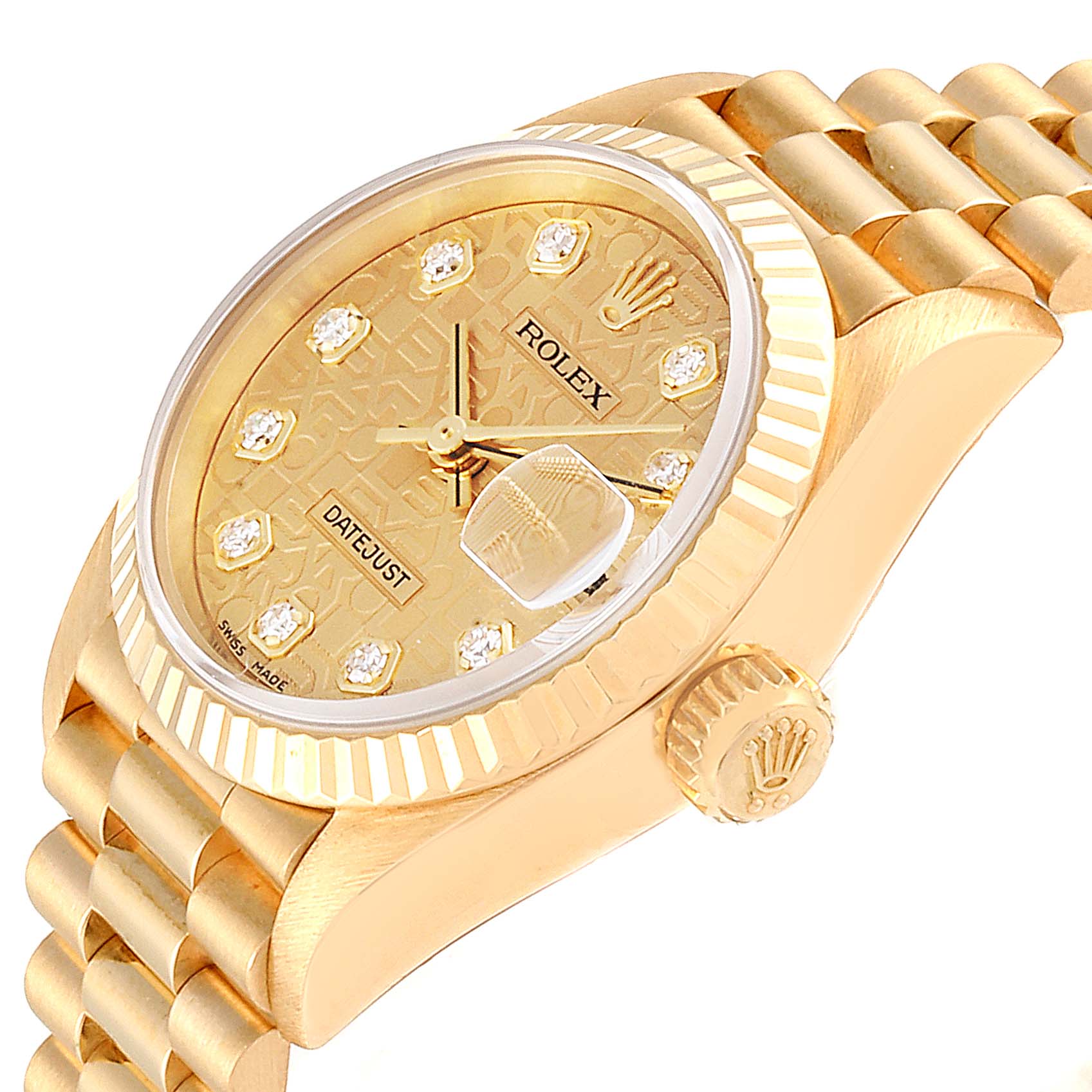 The image shows a side angle view of the Rolex President 79178 Women
s Yellow Gold Champagne Dial 79178 Women
s Yellow Gold Champagne Dial model, highlighting the crown, dial, and bracelet.
