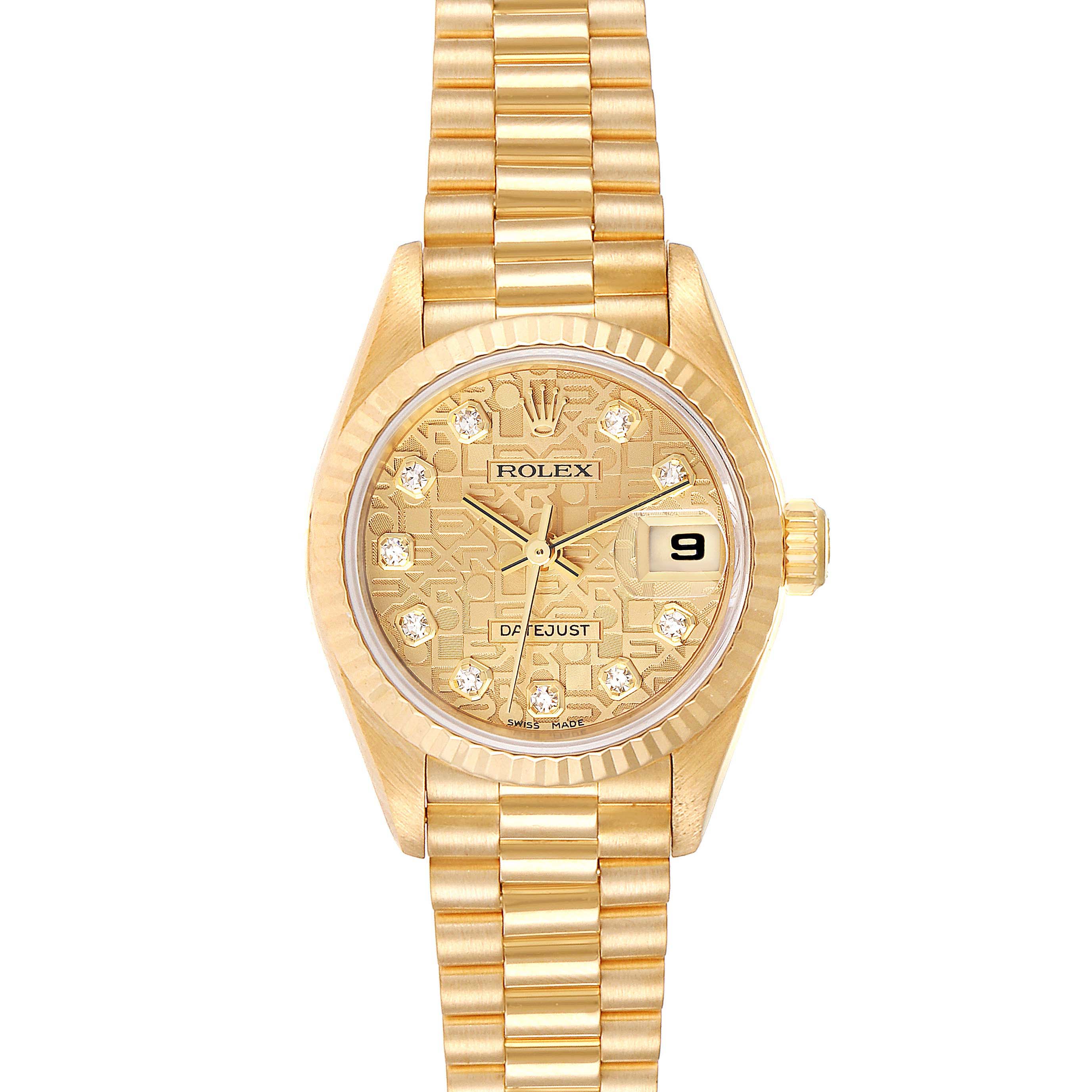 The image shows a frontal view of a Rolex President 79178 Women
s Yellow Gold Champagne Dial 79178 Women
s Yellow Gold Champagne Dial model watch, showcasing its gold bracelet and diamond-studded dial.