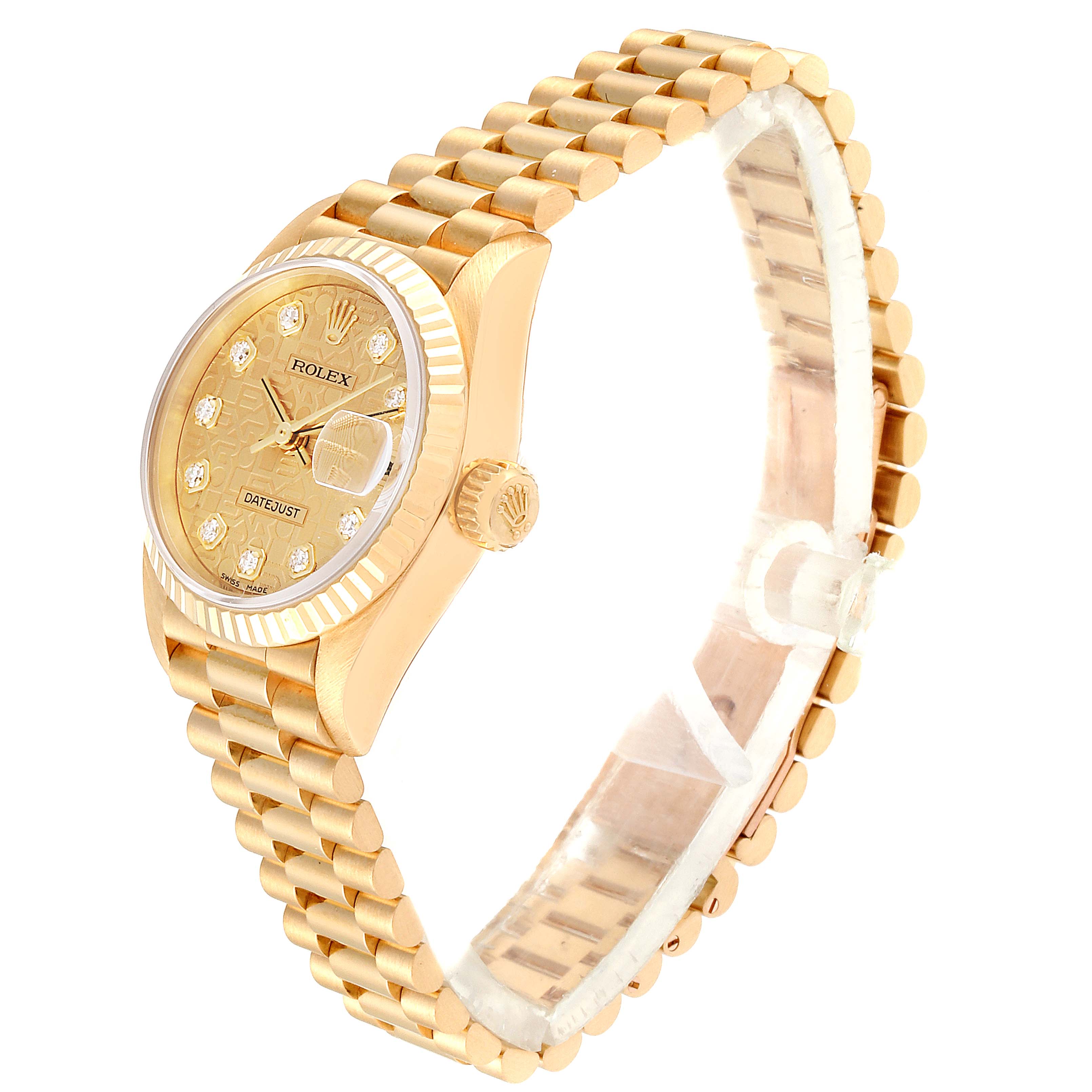 The Rolex President 79178 Women
s Yellow Gold Champagne Dial 79178 Women
s Yellow Gold Champagne Dial model watch is shown at an angle highlighting the face, bezel, crown, and President bracelet.
