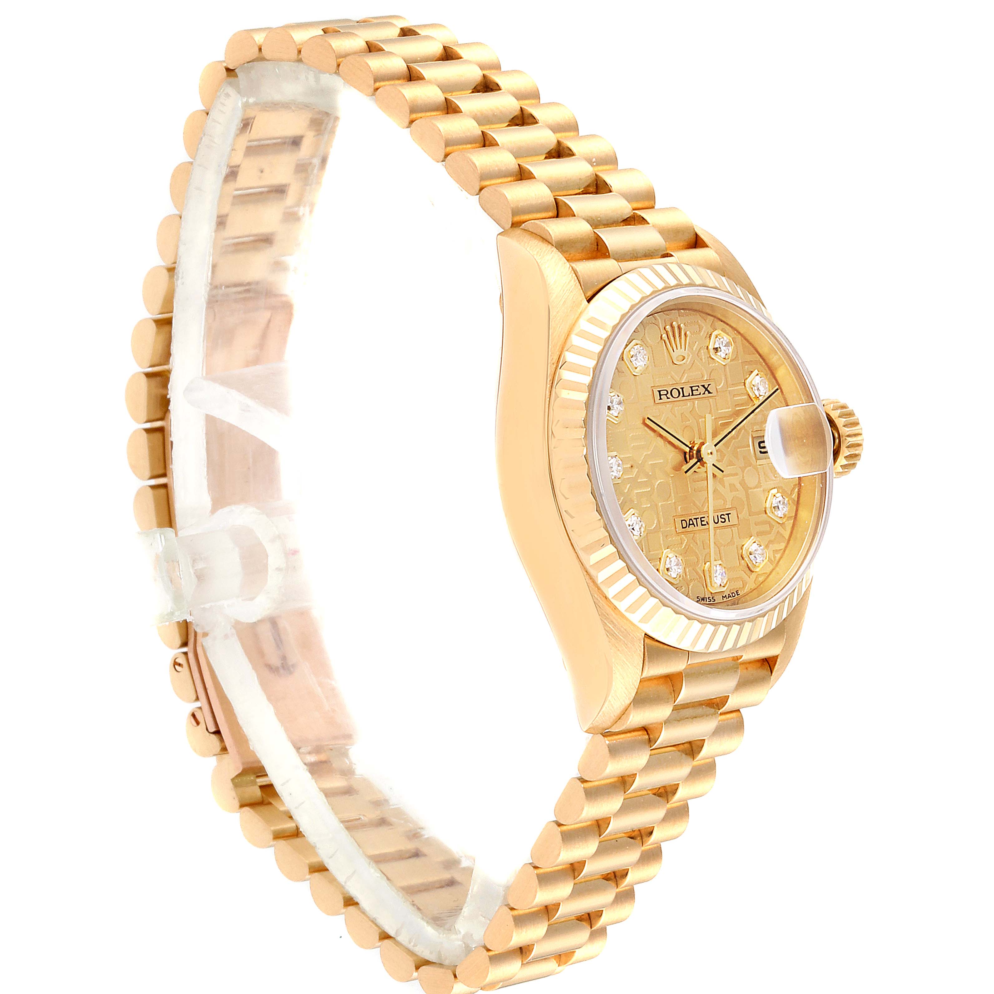 The image shows a Rolex President 79178 Women
s Yellow Gold Champagne Dial 79178 Women
s Yellow Gold Champagne Dial model watch at a three-quarter angle, highlighting its bracelet, dial, and case.