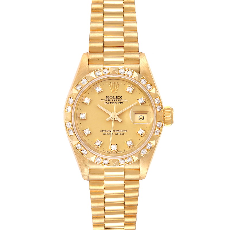 Rolex President Datejust Yellow Gold Pyramid Diamond Bezel Watch 69258 SwissWatchExpo