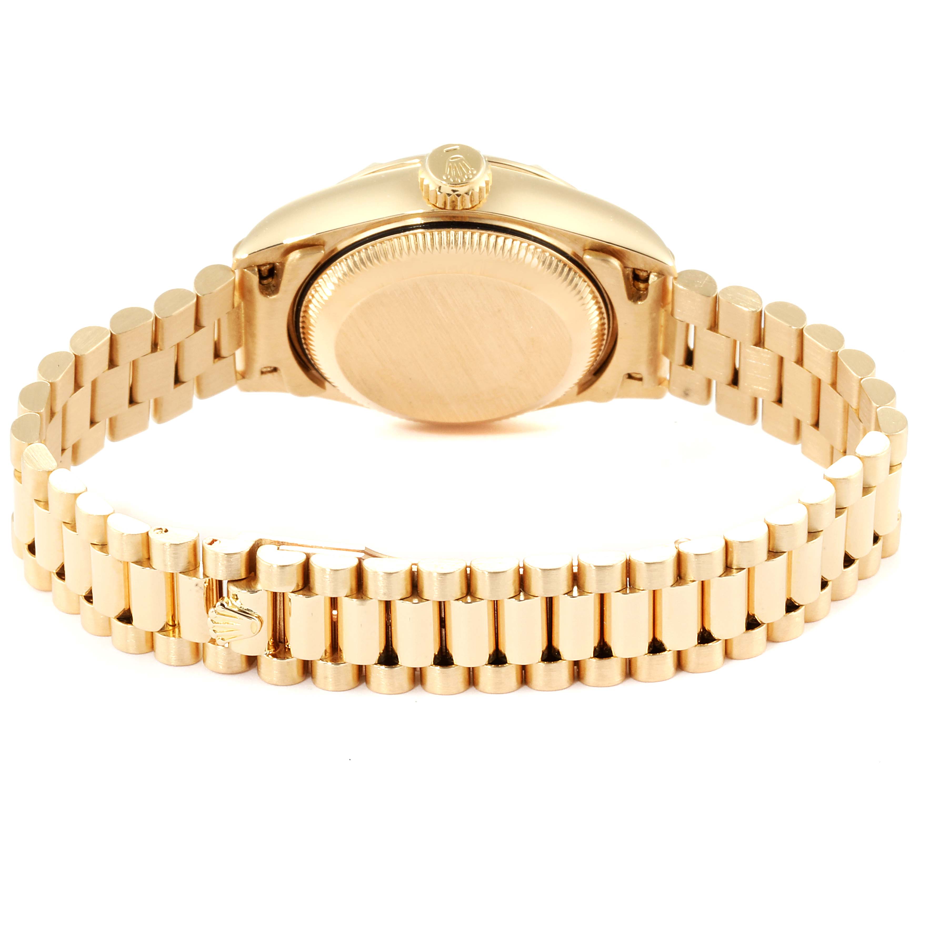 The image shows the back case and bracelet of a Rolex President 69258 Women
s Yellow Gold Champagne Dial 69258 Women
s Yellow Gold Champagne Dial model watch from a rear angle.