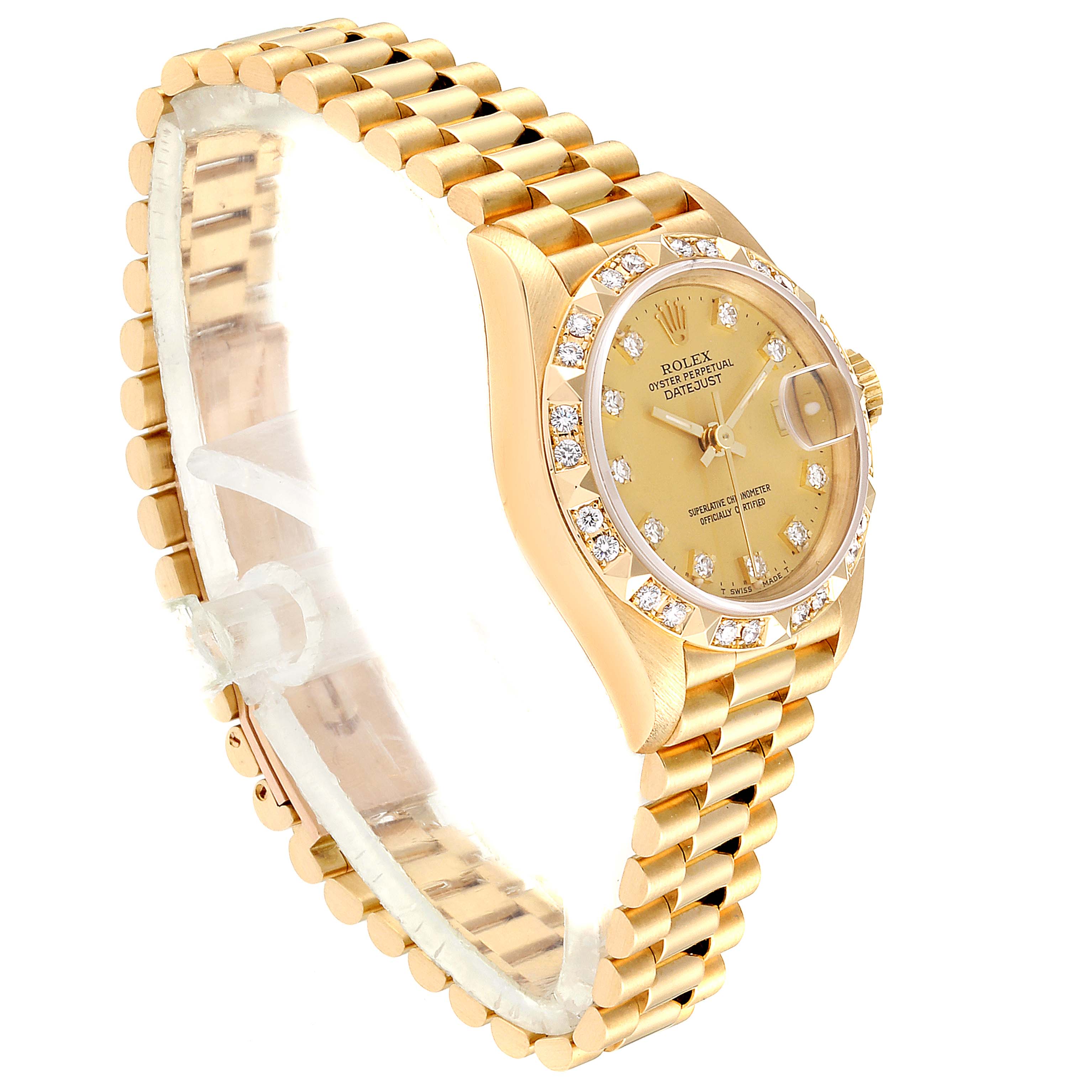 The Rolex President 69258 Women
s Yellow Gold Champagne Dial 69258 Women
s Yellow Gold Champagne Dial model watch is shown at a three-quarter side angle, showcasing its face, bezel, crown, and bracelet.