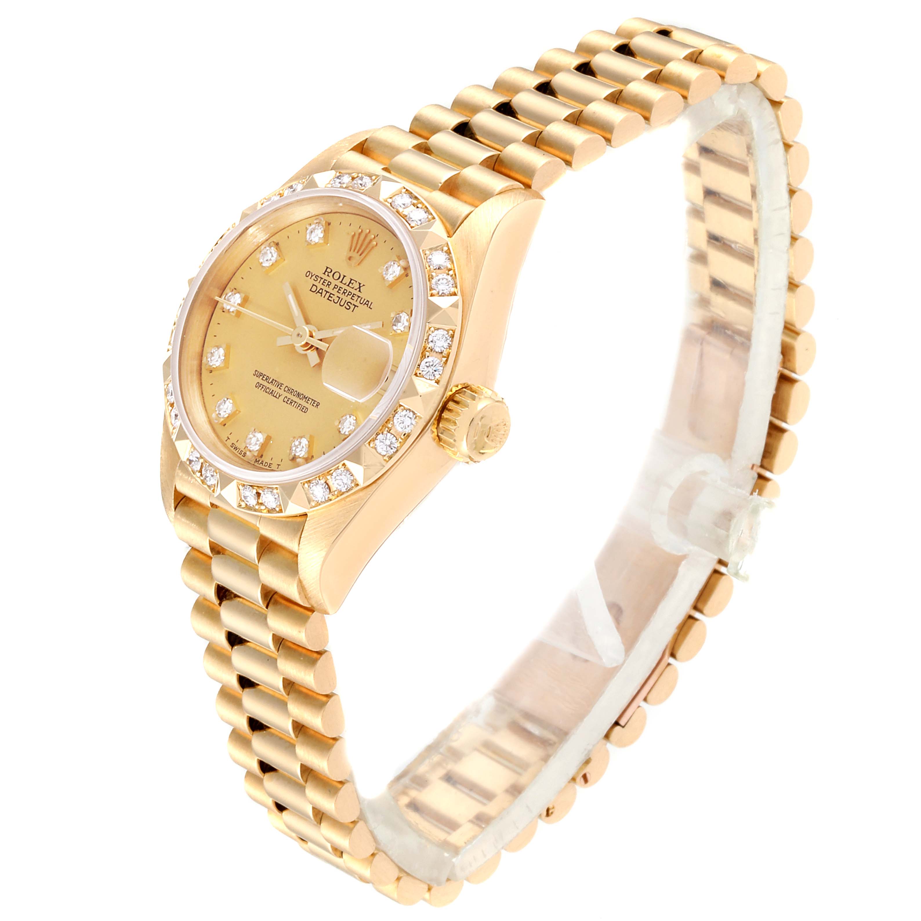 This image shows a side view of the Rolex President 69258 Women
s Yellow Gold Champagne Dial 69258 Women
s Yellow Gold Champagne Dial watch, highlighting its gold case, bracelet, and diamond-studded bezel.