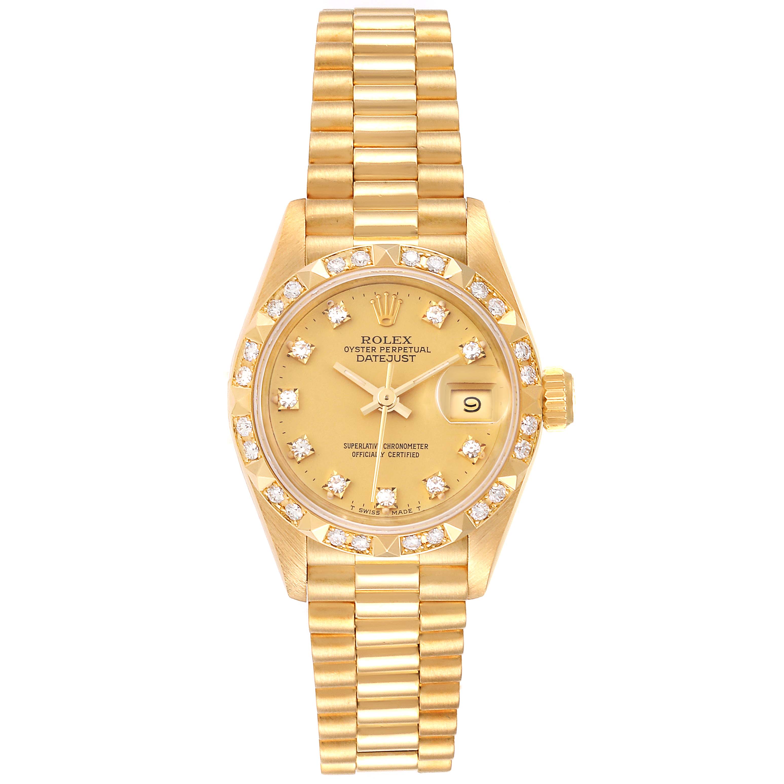 The Rolex President 69258 Women
s Yellow Gold Champagne Dial 69258 Women
s Yellow Gold Champagne Dial model watch is shown from a top-down angle, displaying its face, bracelet, diamond indices, and bezel.