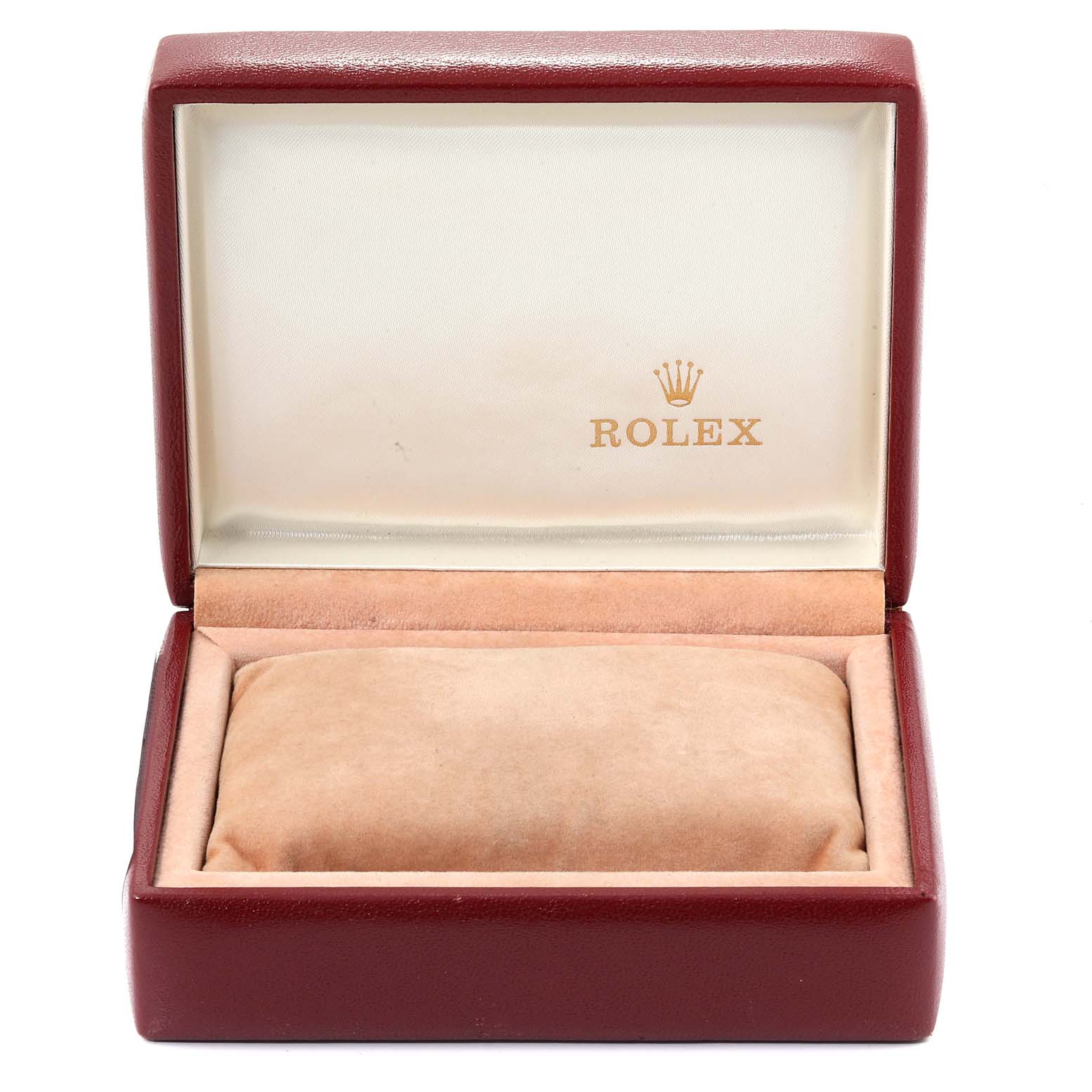 This image shows an open Rolex display case for the President model watch, featuring the brand
s logo inside the lid.