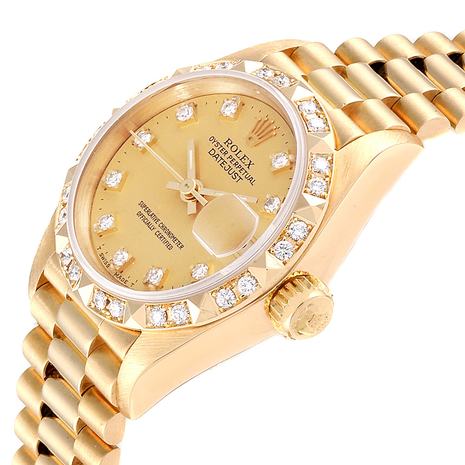 The image shows a side angle of the Rolex President 69258 Women
s Yellow Gold Champagne Dial 69258 Women
s Yellow Gold Champagne Dial watch, highlighting the gold case, diamond bezel, dial, and part of the bracelet.
