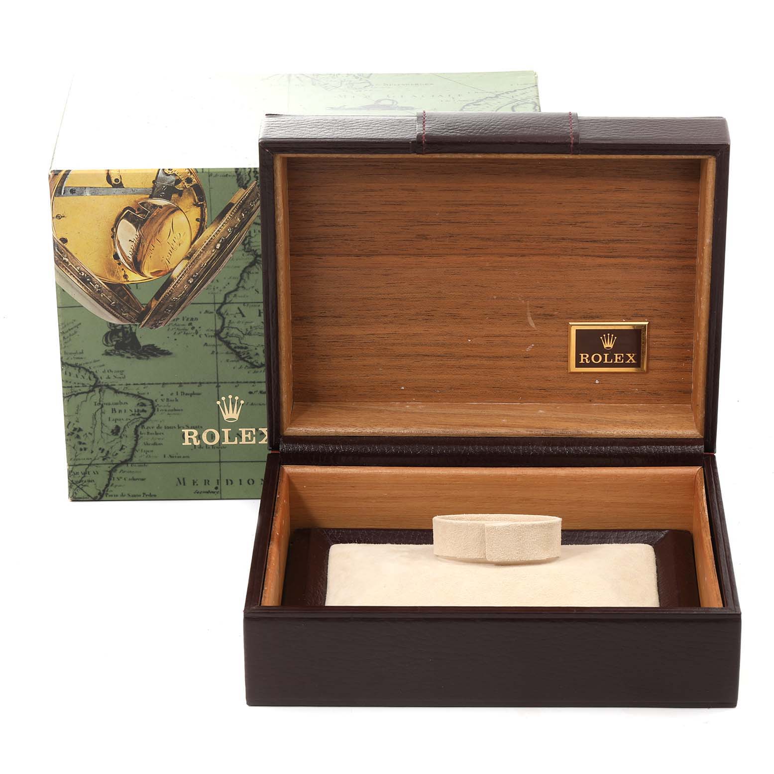 The image shows an open Rolex President 18238 Men
s Yellow Gold Champagne Dial 18238 Men
s Yellow Gold Champagne Dial model watch box, displaying the interior padding and logo, with the outer box in the background.