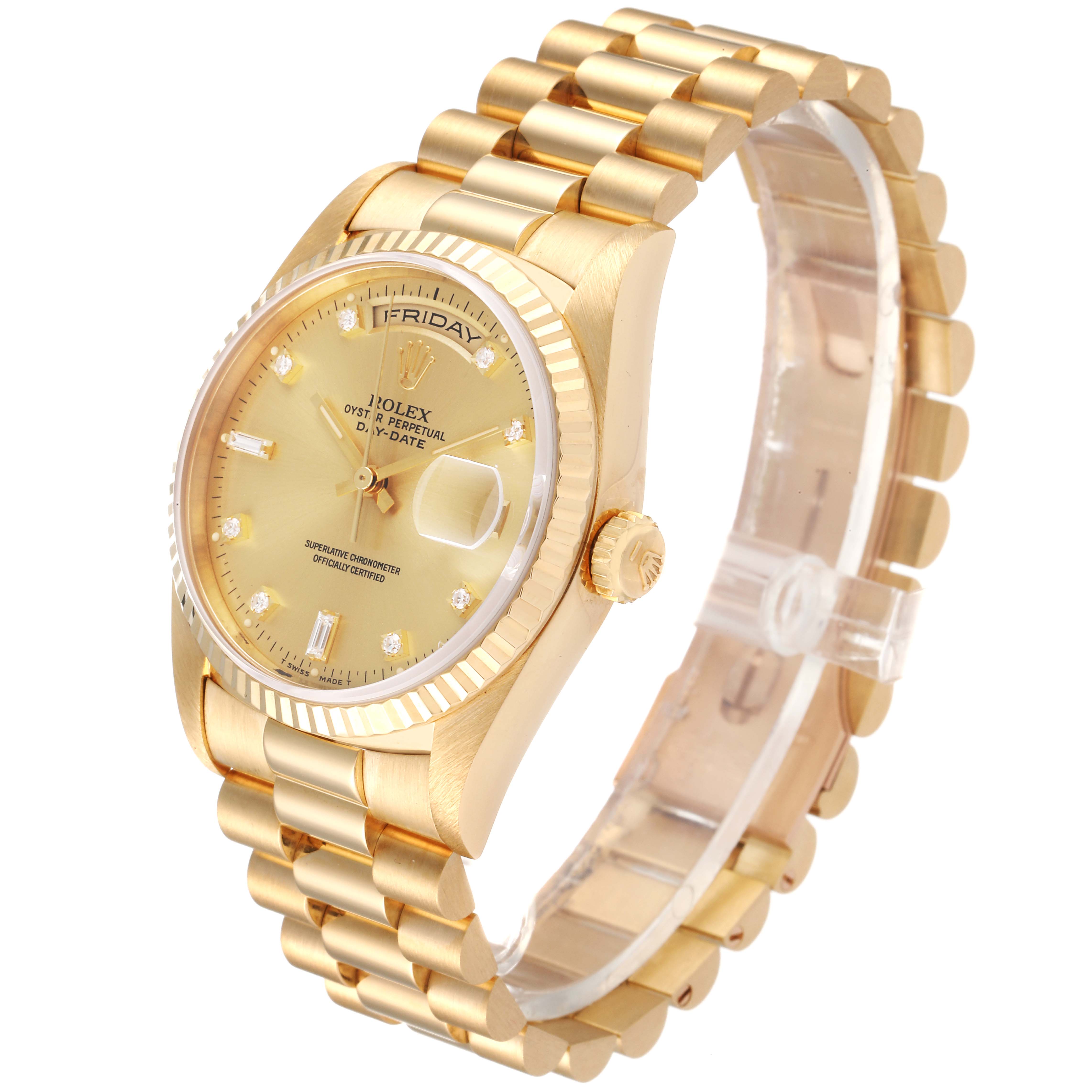 The Rolex President 18238 Men
s Yellow Gold Champagne Dial 18238 Men
s Yellow Gold Champagne Dial model watch is shown at an angled side view, highlighting the dial, bracelet, and crown.