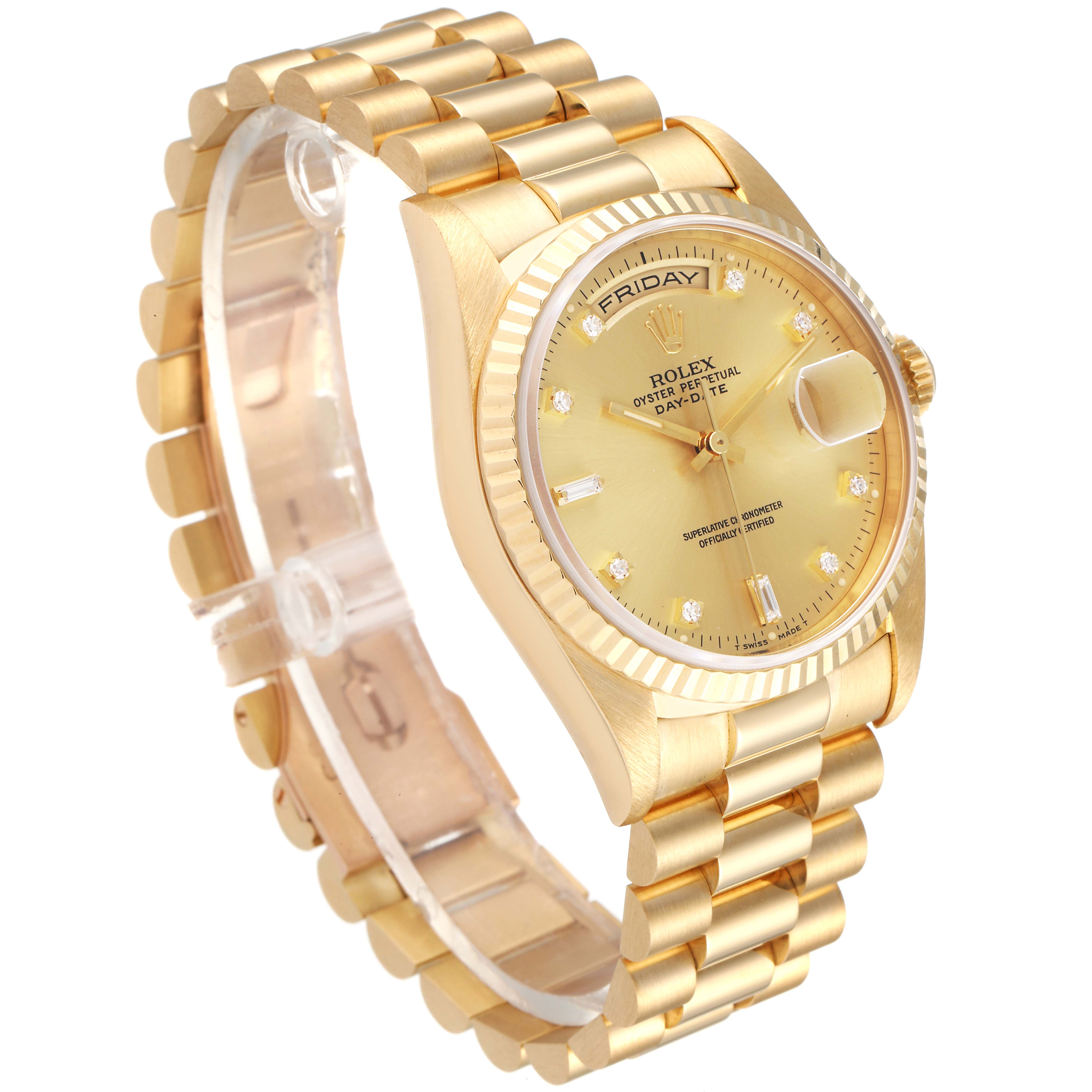 The image shows a side angle of a Rolex President 18238 Men
s Yellow Gold Champagne Dial 18238 Men
s Yellow Gold Champagne Dial model watch, highlighting its gold bracelet, fluted bezel, and champagne dial.