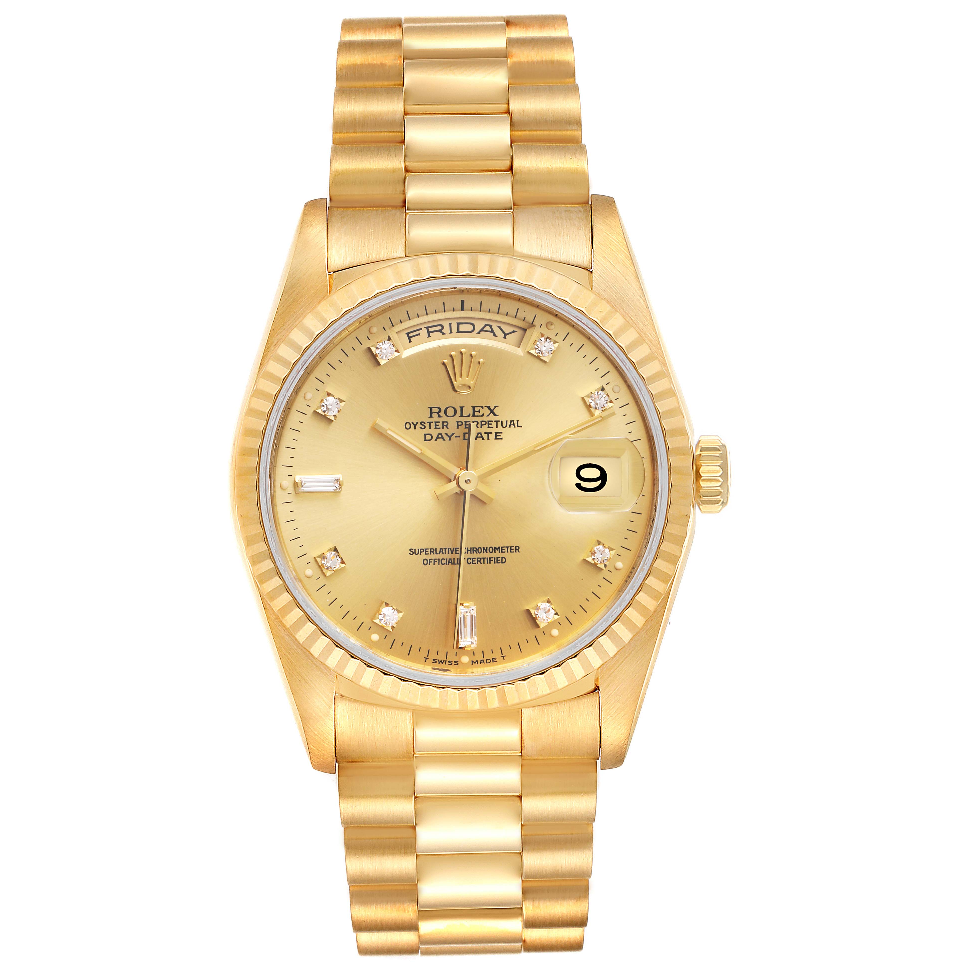 This image shows a front view of a gold Rolex President 18238 Men
s Yellow Gold Champagne Dial 18238 Men
s Yellow Gold Champagne Dial model watch, featuring the dial, bracelet, date, and weekday display.