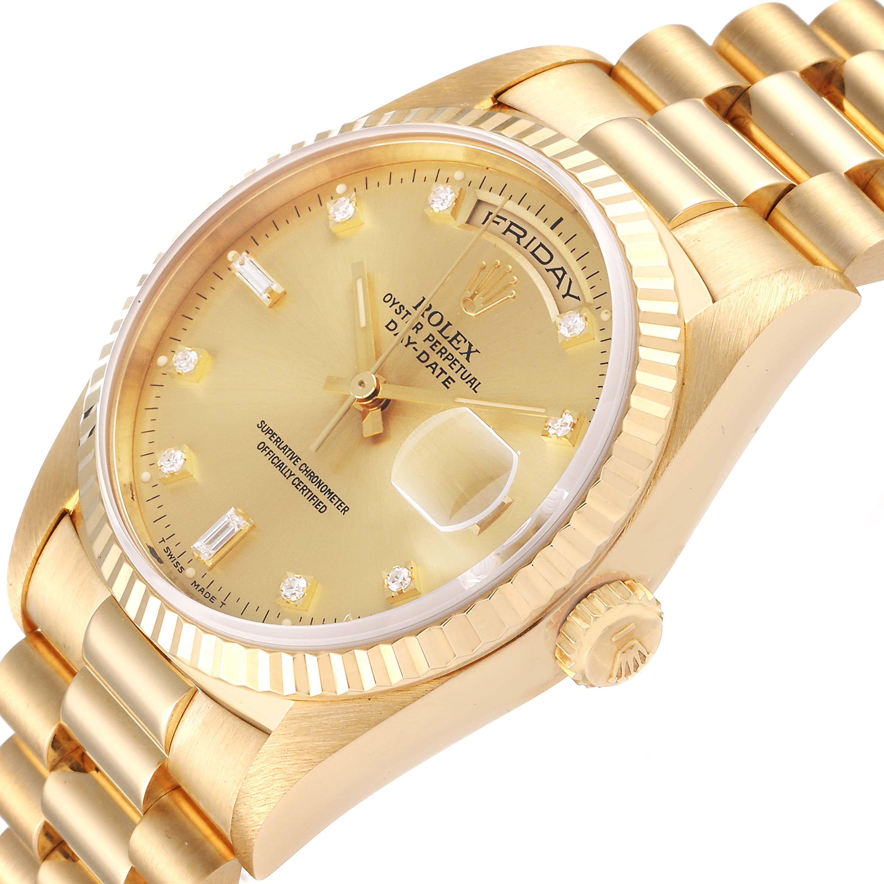 This image shows a close-up angled view of a Rolex President 18238 Men
s Yellow Gold Champagne Dial 18238 Men
s Yellow Gold Champagne Dial model watch, highlighting its dial, crown, and bezel.