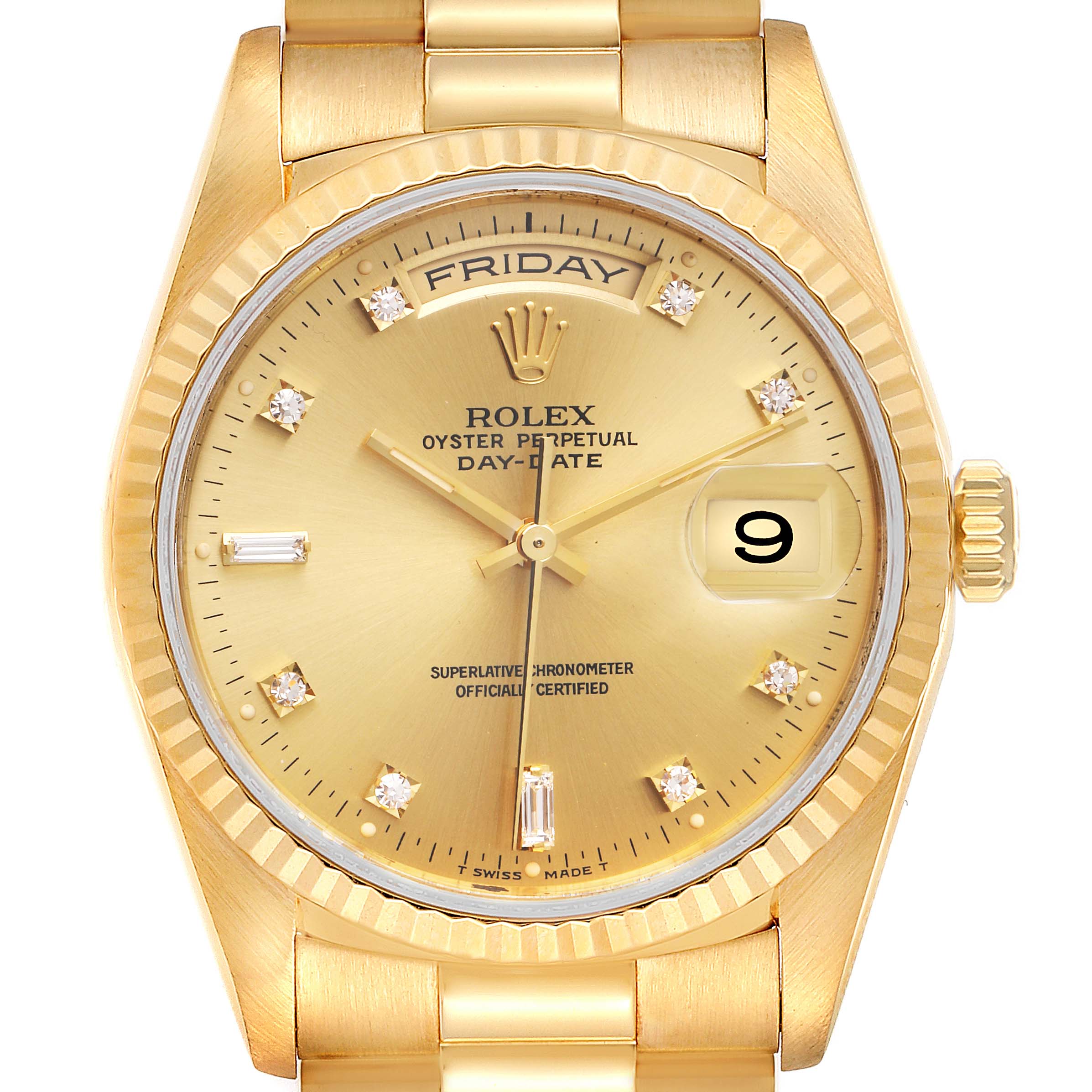The image shows a front view of the Rolex President 18238 Men
s Yellow Gold Champagne Dial 18238 Men
s Yellow Gold Champagne Dial model watch, highlighting its dial, day-date display, and bezel.