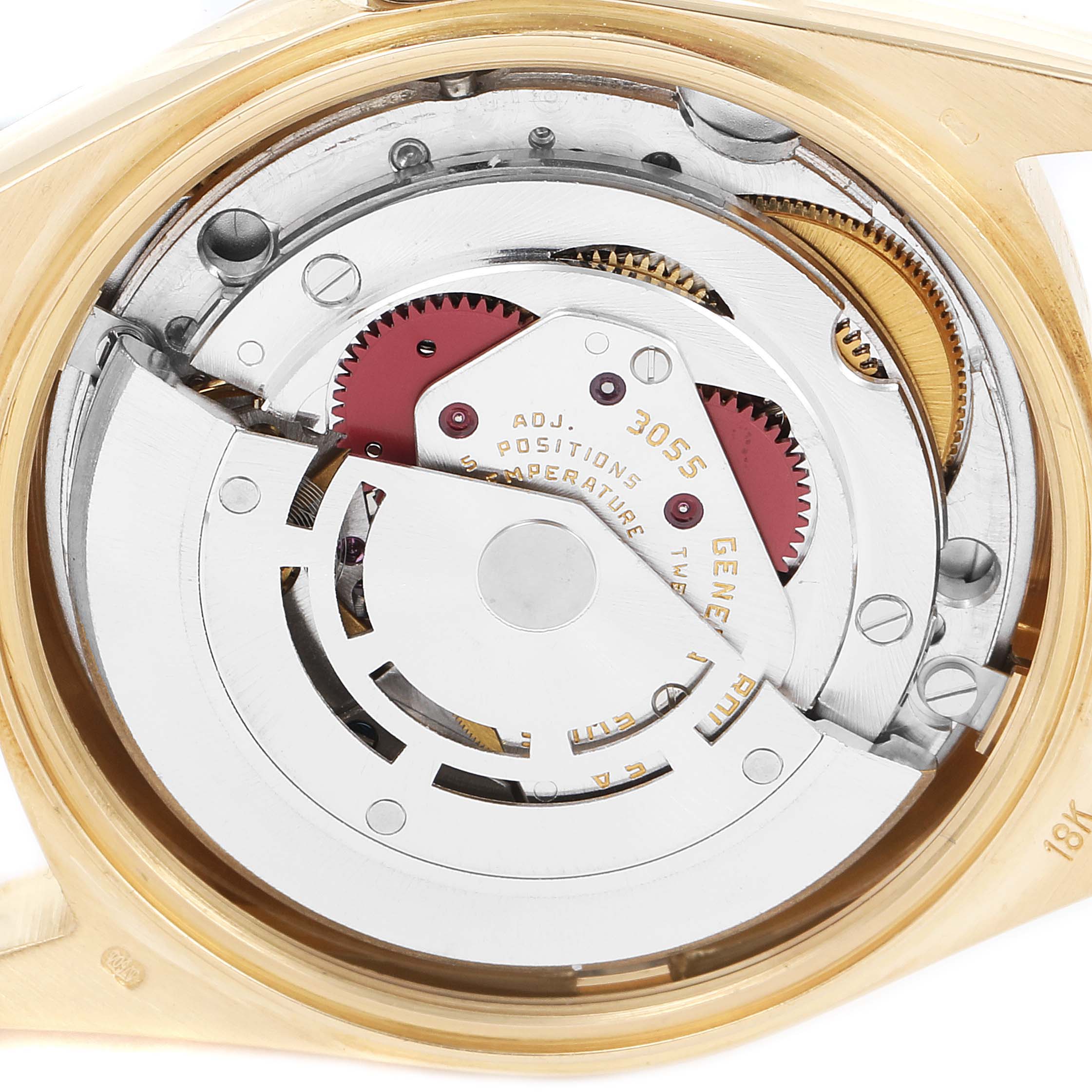 This image shows the internal mechanics and movement of the Rolex President 18038 Men
s Yellow Gold White Dial 18038 Men
s Yellow Gold White Dial watch model, viewed from the back.
