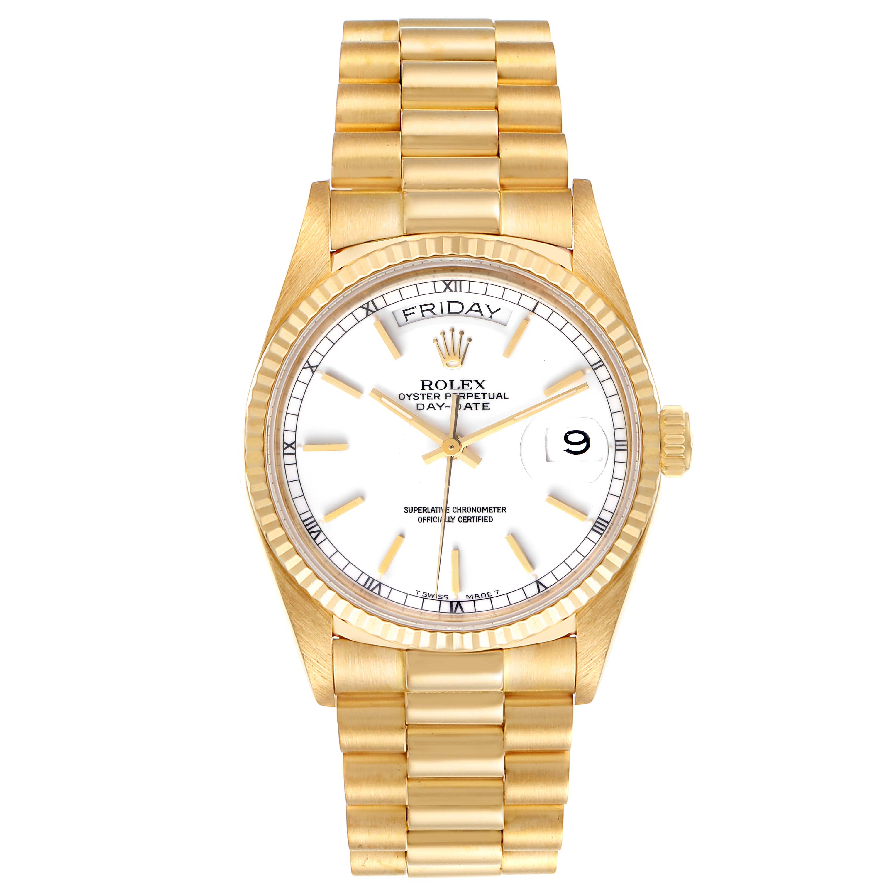 The image shows a frontal view of a Rolex President 18038 Men
s Yellow Gold White Dial 18038 Men
s Yellow Gold White Dial model watch, displaying its gold bracelet, white dial, and day-date functions.