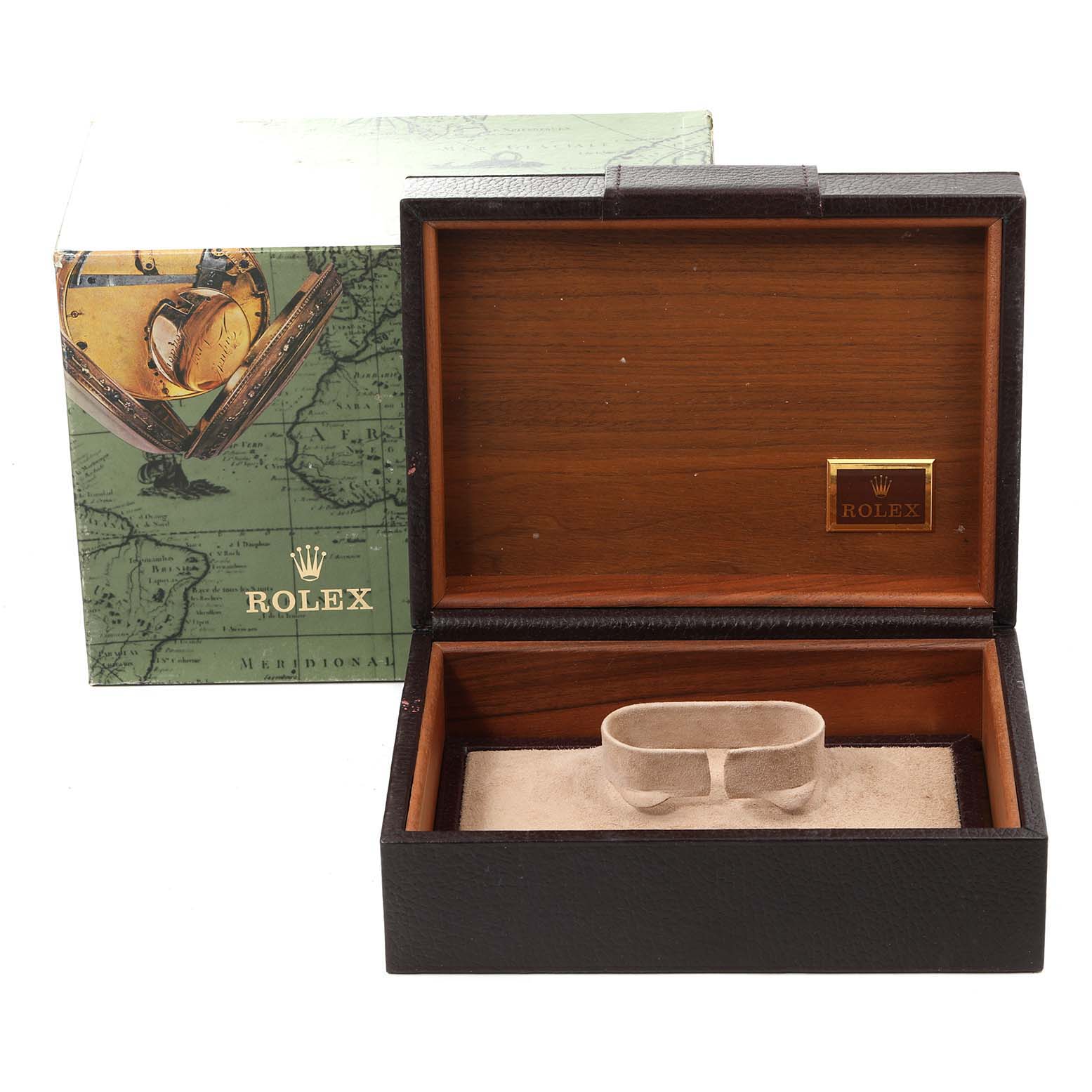 The image shows an open Rolex President 18038 Men
s Yellow Gold White Dial 18038 Men
s Yellow Gold White Dial model watch box and packaging, displaying the interior holder and brand logo.