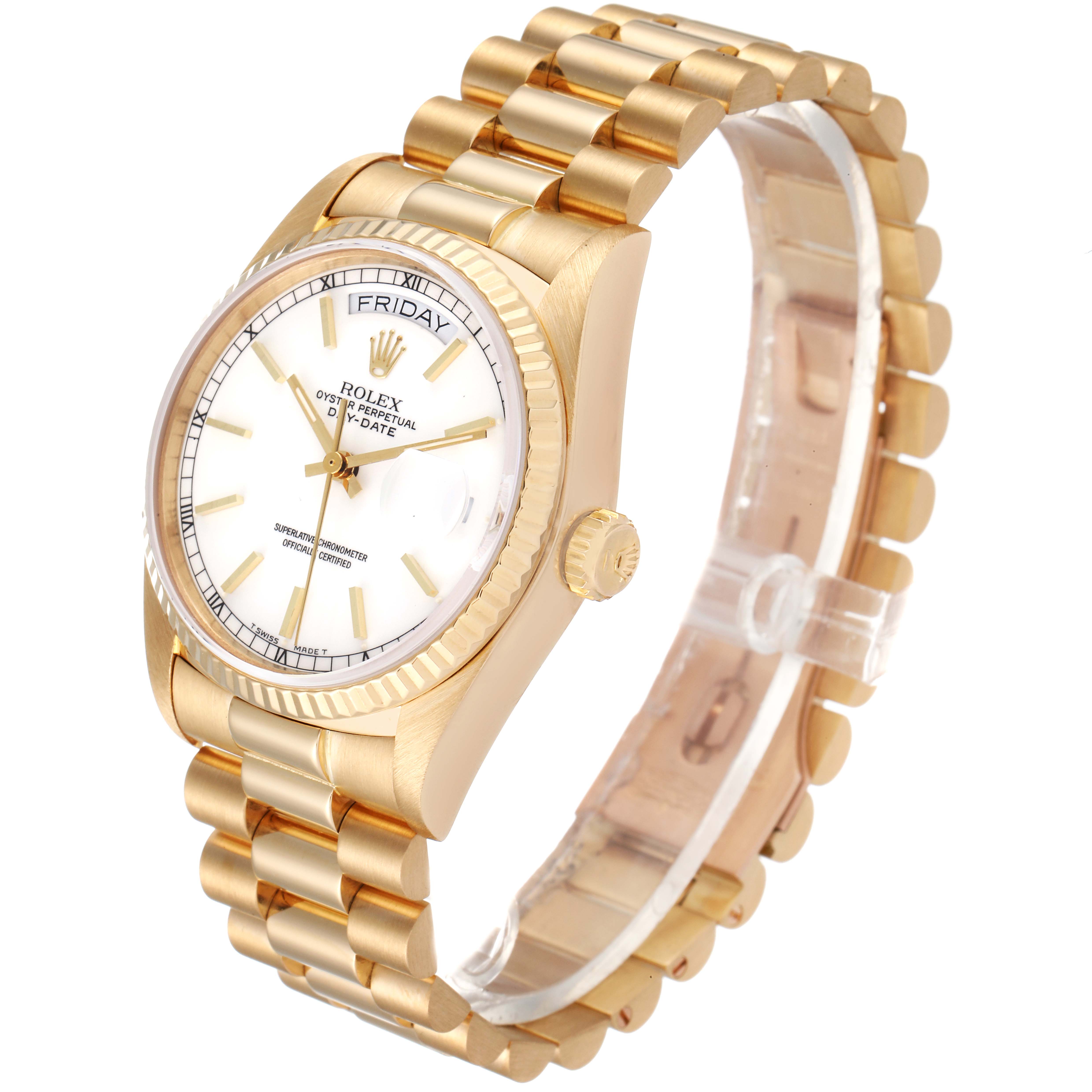 The image shows a Rolex President 18038 Men
s Yellow Gold White Dial 18038 Men
s Yellow Gold White Dial model watch at an oblique angle, highlighting its gold bracelet, crown, and white dial.