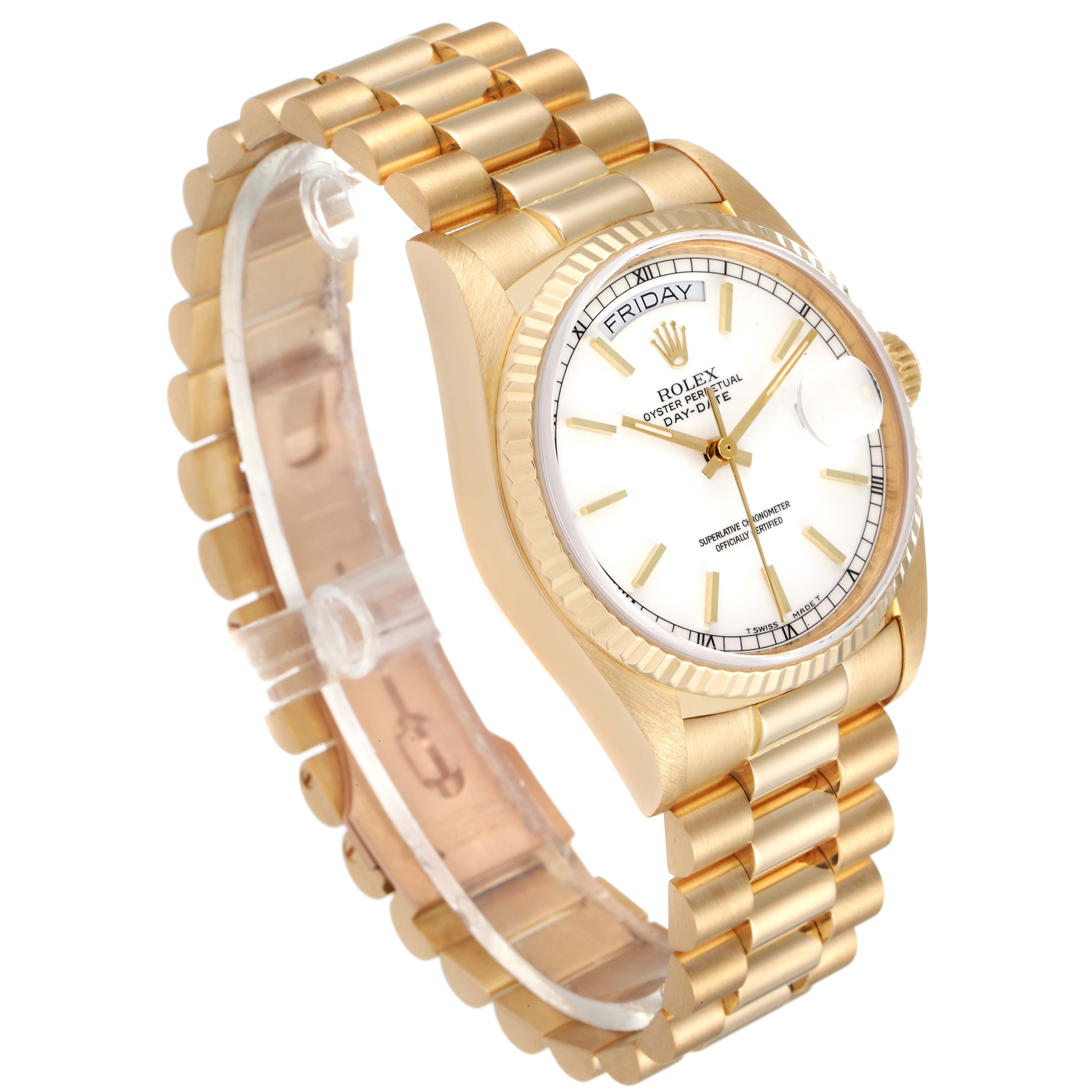 The image shows a Rolex President 18038 Men
s Yellow Gold White Dial 18038 Men
s Yellow Gold White Dial model watch from an angled, side view highlighting the dial, bezel, and bracelet.