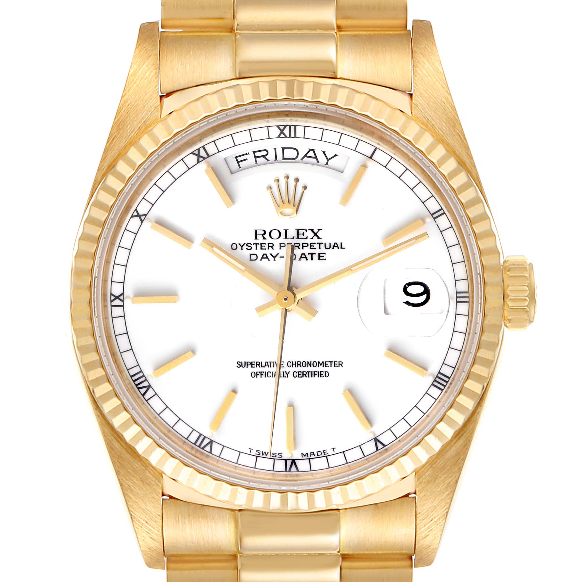 The image shows a front view of the Rolex President 18038 Men
s Yellow Gold White Dial 18038 Men
s Yellow Gold White Dial watch, showcasing its dial, bezel, and part of the bracelet.