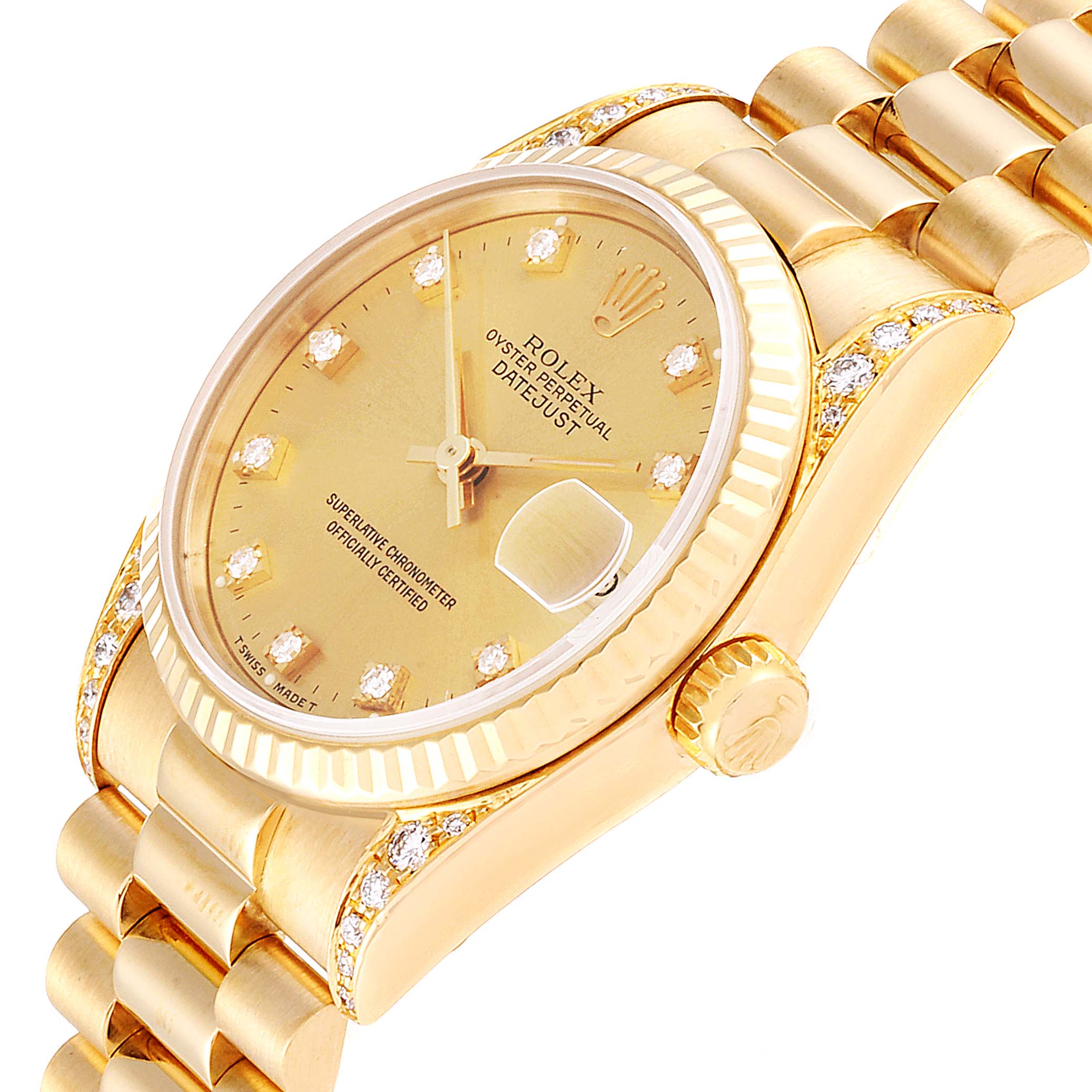 This image shows a close-up side angle of a Rolex President 68238  Women
s Yellow Gold Champagne Dial 68238  Women
s Yellow Gold Champagne Dial watch, highlighting its dial, crown, and bracelet.