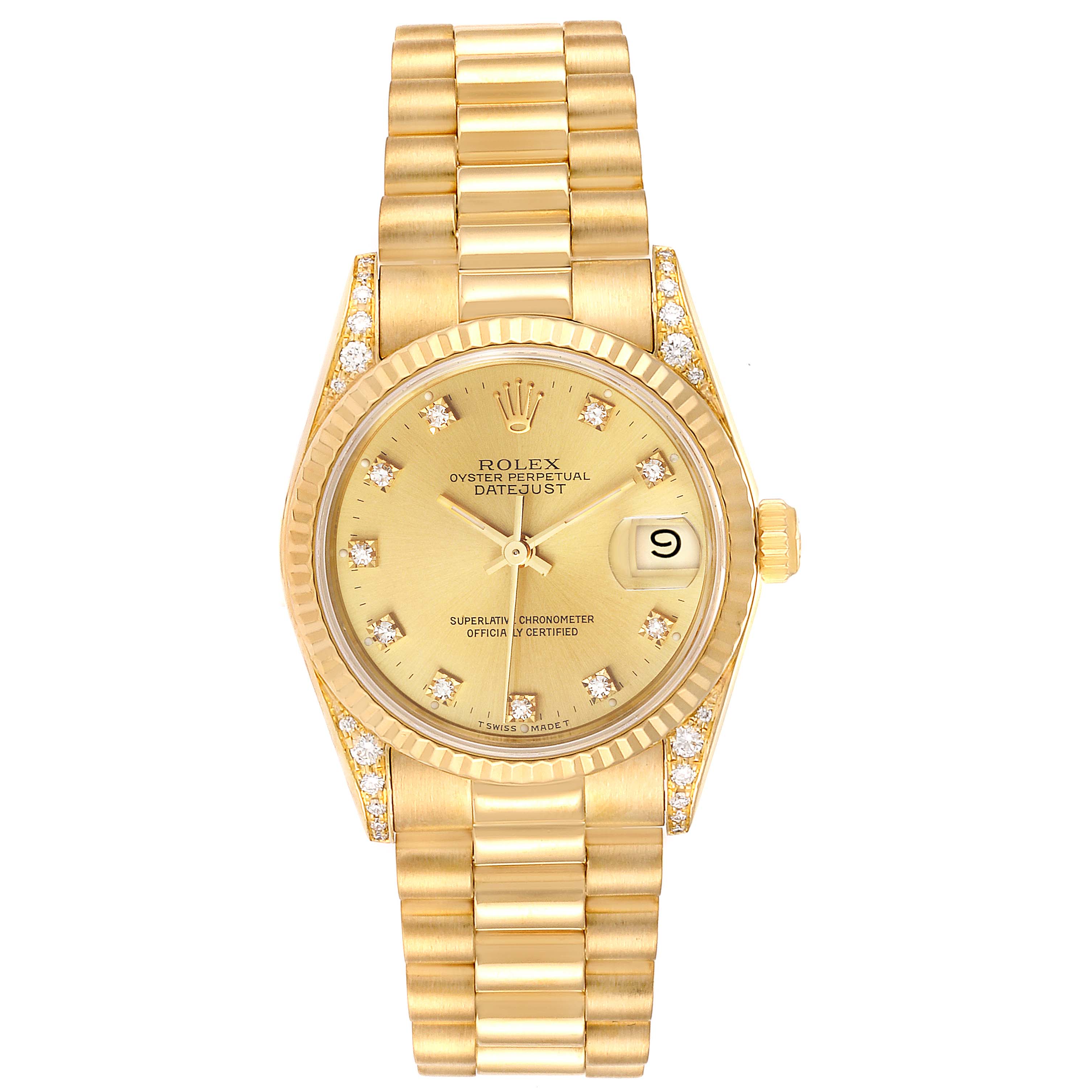 The image shows a front view of a Rolex President 68238  Women
s Yellow Gold Champagne Dial 68238  Women
s Yellow Gold Champagne Dial model watch, highlighting its dial, bezel, bracelet, and crown.