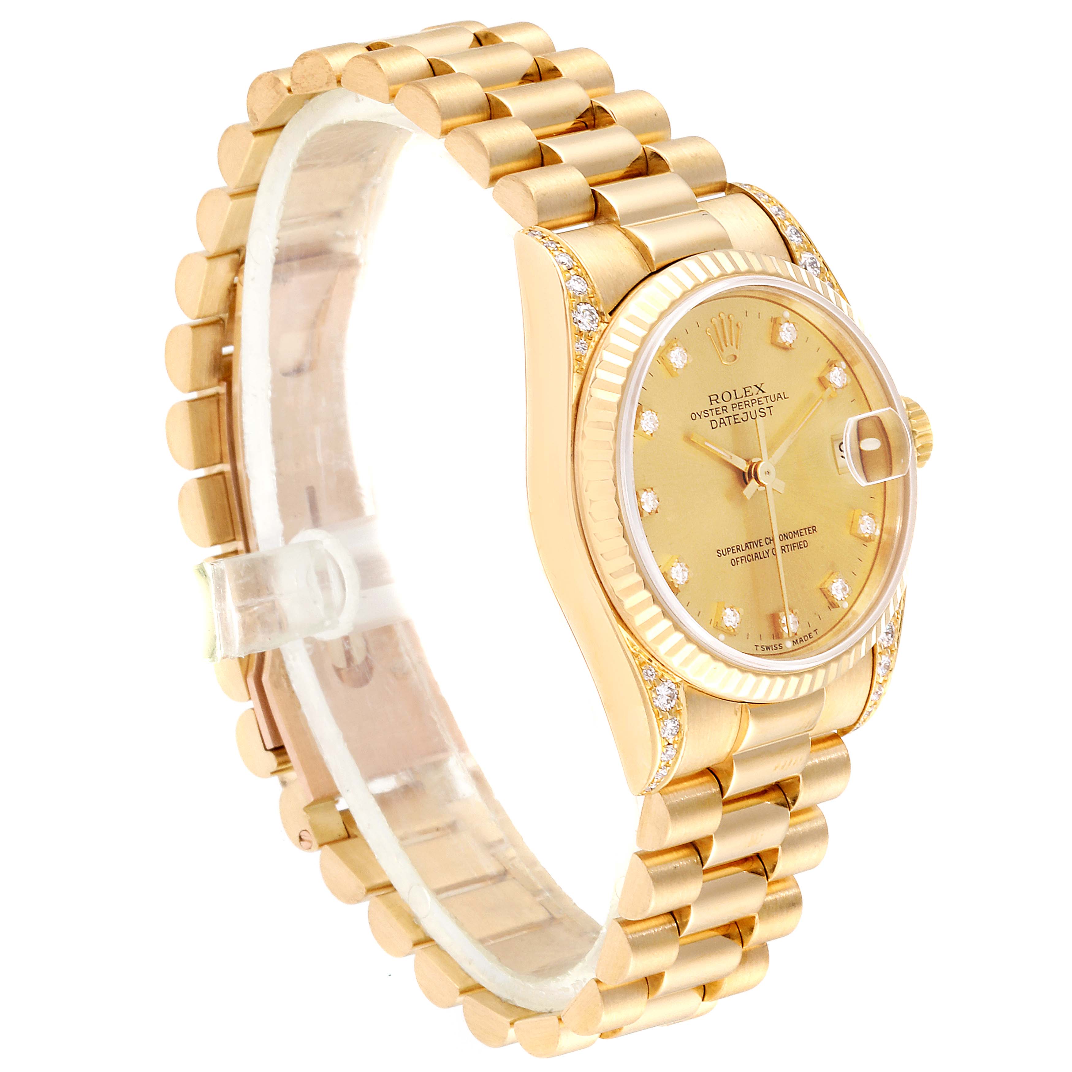 The image shows a side angle of the Rolex President 68238  Women
s Yellow Gold Champagne Dial 68238  Women
s Yellow Gold Champagne Dial model, highlighting its gold case, bracelet, and diamond-encrusted bezel.