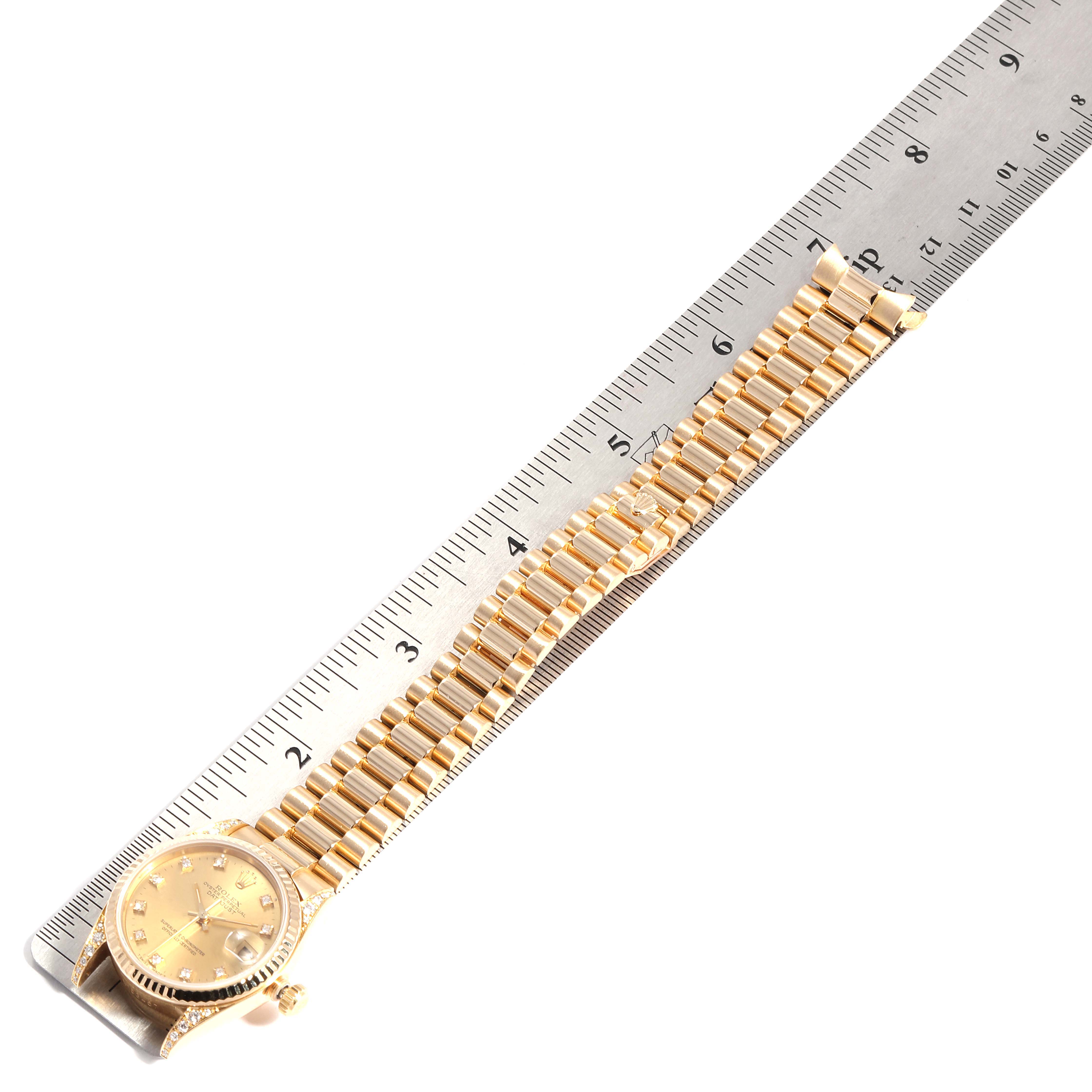 The image shows a Rolex President 68238  Women
s Yellow Gold Champagne Dial 68238  Women
s Yellow Gold Champagne Dial model watch with its bracelet laid out next to a ruler, displaying its full length.